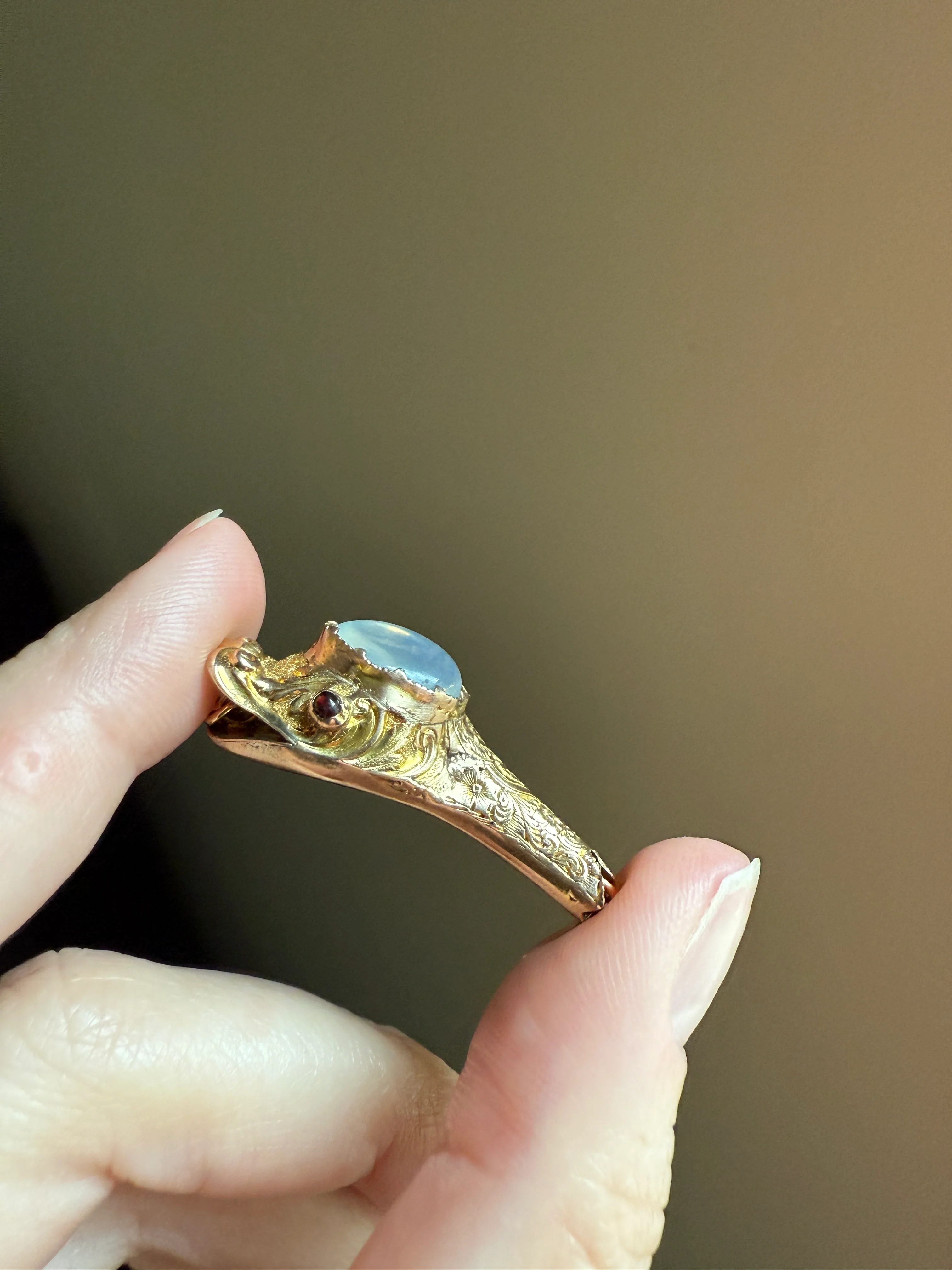 MOONSTONE Smiling SNAKE Large Victorian Antique Pendant CONNECTOR Extender Figural 10k Gold Solid Swivel Engraved Head Garnet Eyes - Image 20