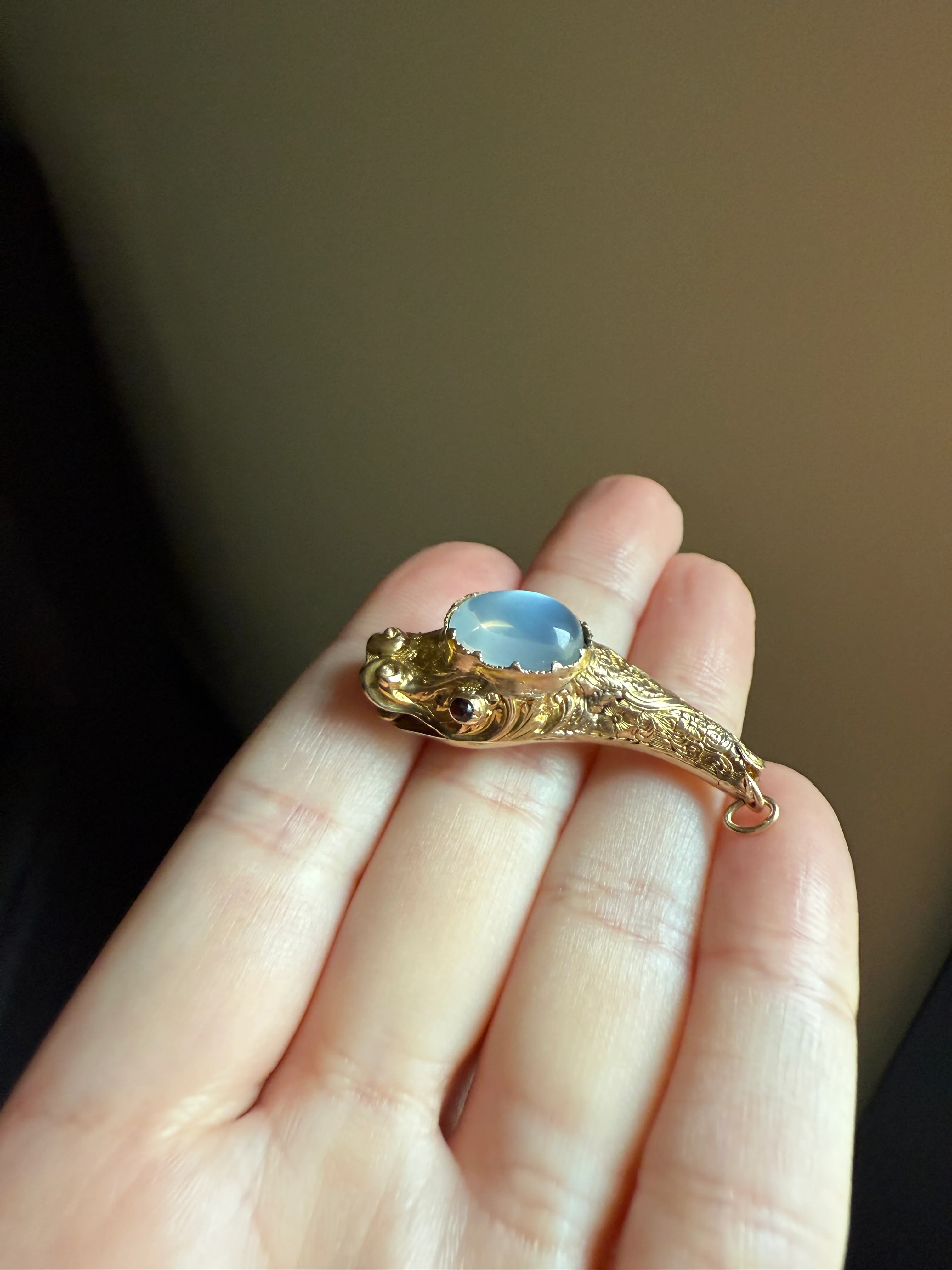 MOONSTONE Smiling SNAKE Large Victorian Antique Pendant CONNECTOR Extender Figural 10k Gold Solid Swivel Engraved Head Garnet Eyes - Image 21