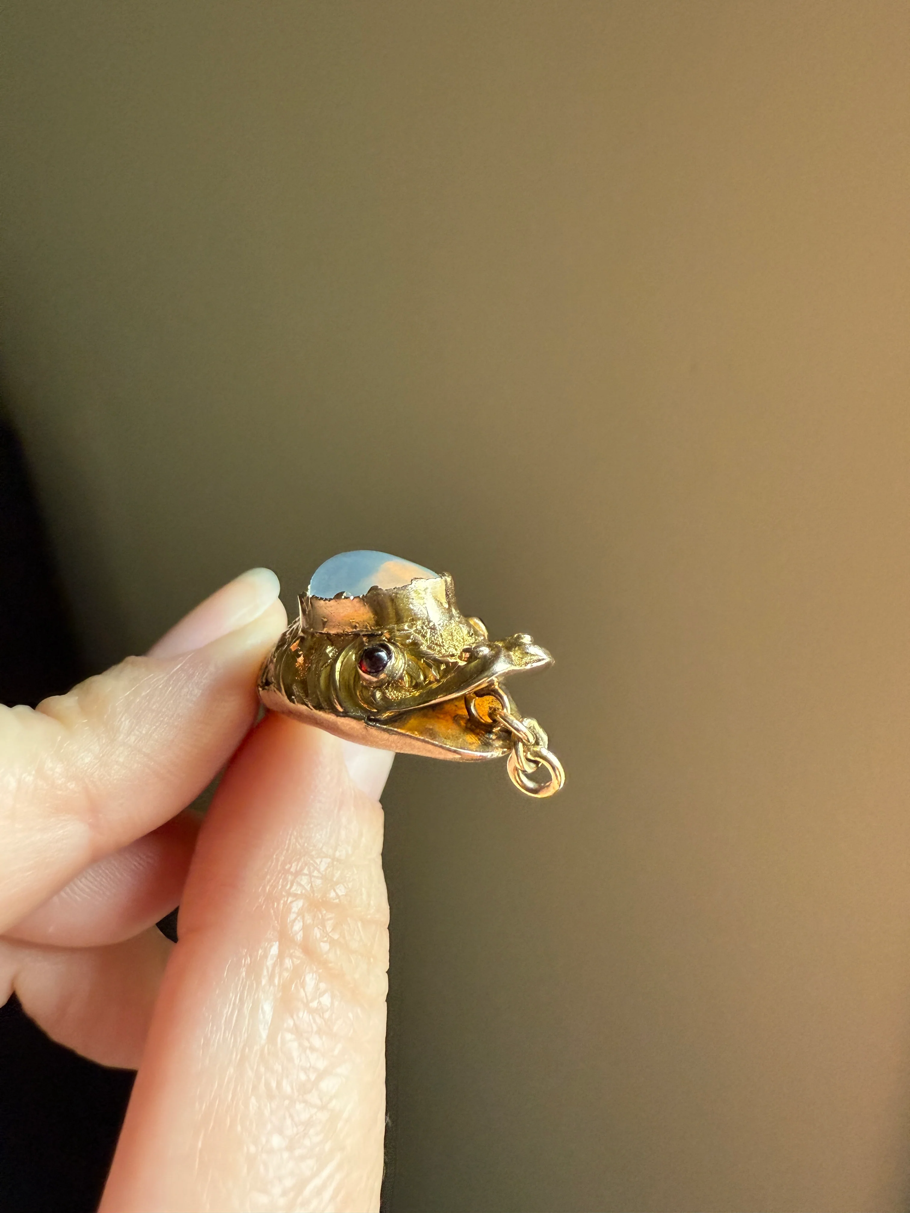 MOONSTONE Smiling SNAKE Large Victorian Antique Pendant CONNECTOR Extender Figural 10k Gold Solid Swivel Engraved Head Garnet Eyes - Image 22