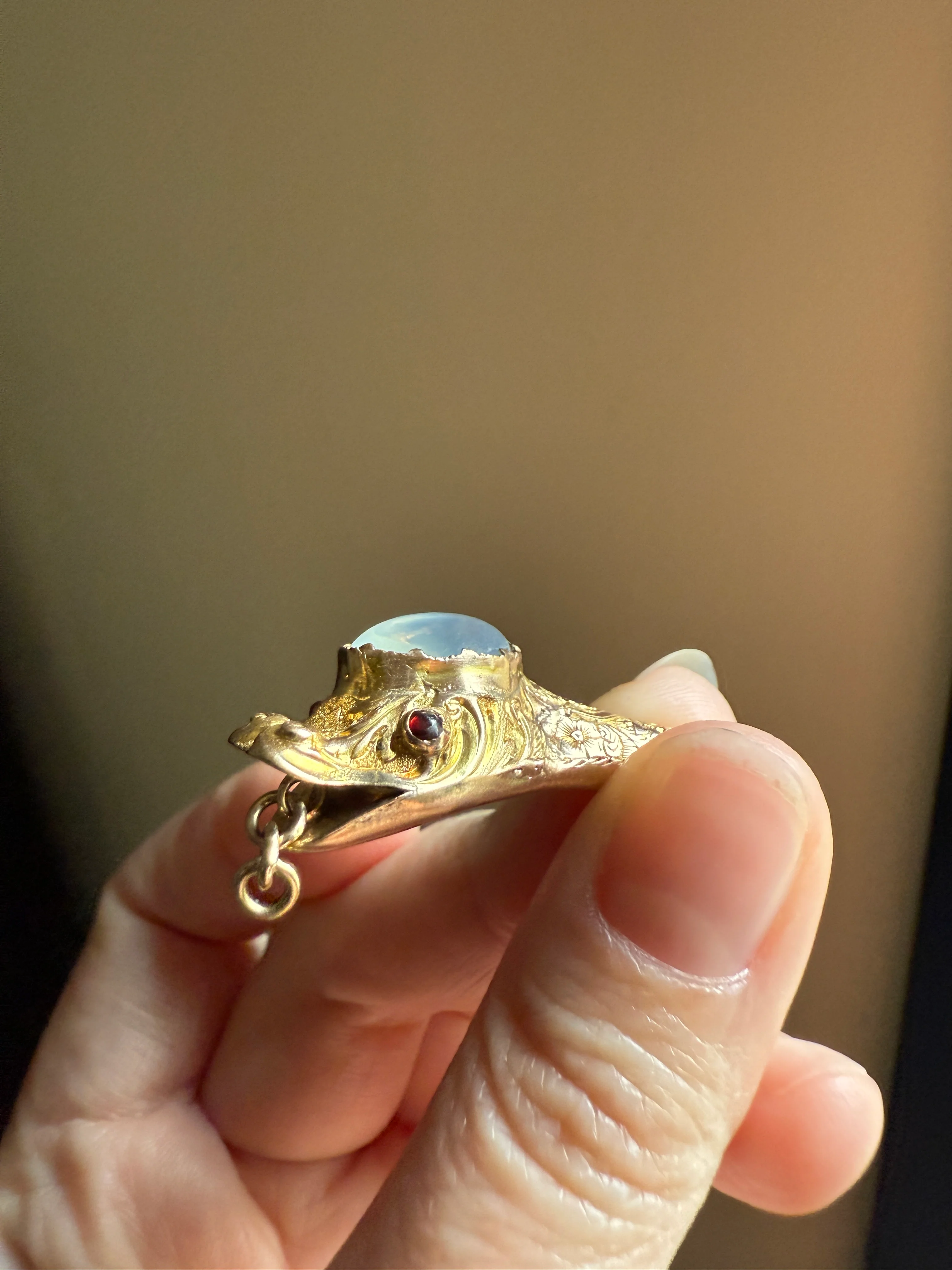 MOONSTONE Smiling SNAKE Large Victorian Antique Pendant CONNECTOR Extender Figural 10k Gold Solid Swivel Engraved Head Garnet Eyes - Image 23