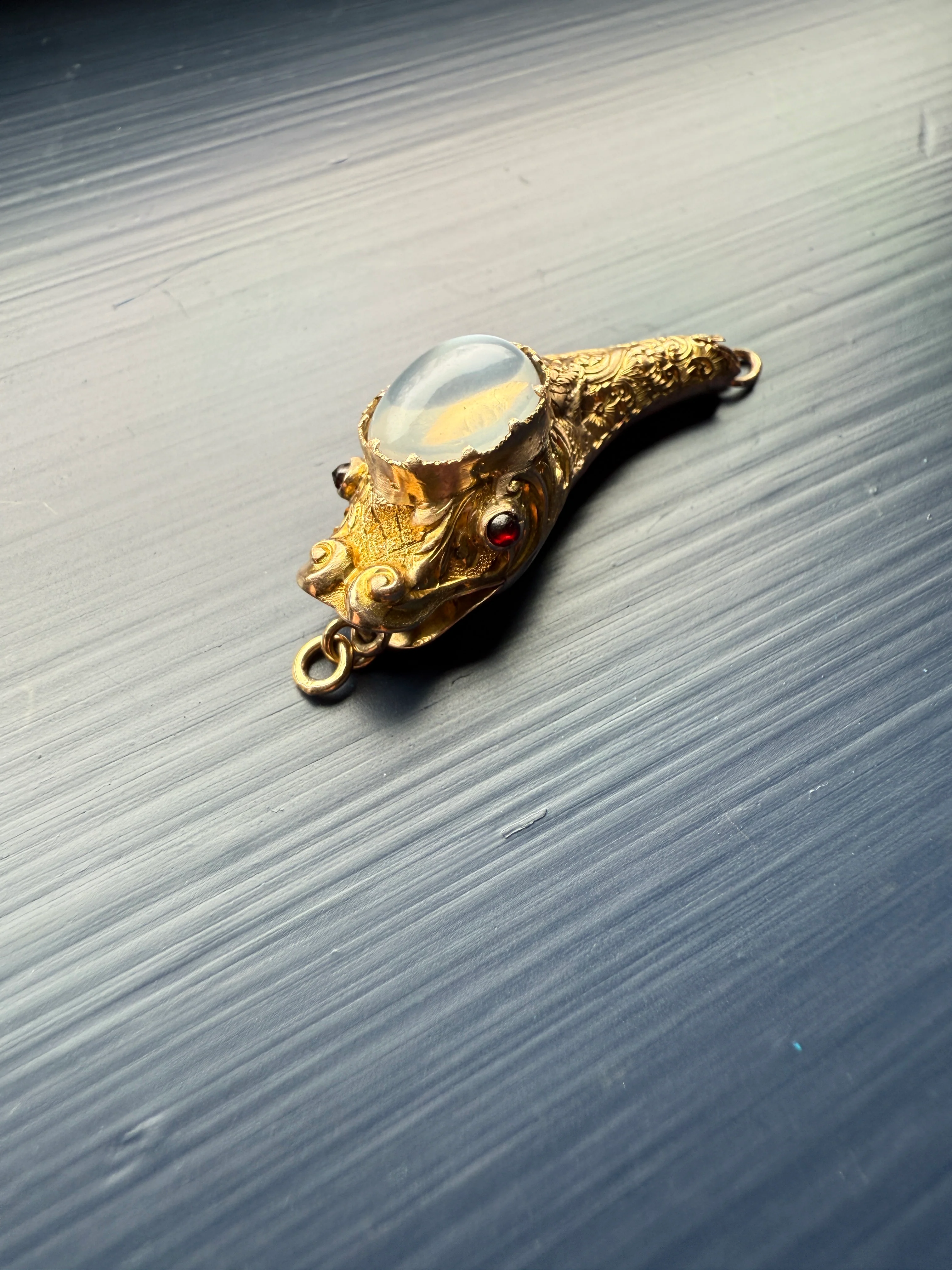 MOONSTONE Smiling SNAKE Large Victorian Antique Pendant CONNECTOR Extender Figural 10k Gold Solid Swivel Engraved Head Garnet Eyes - Image 24