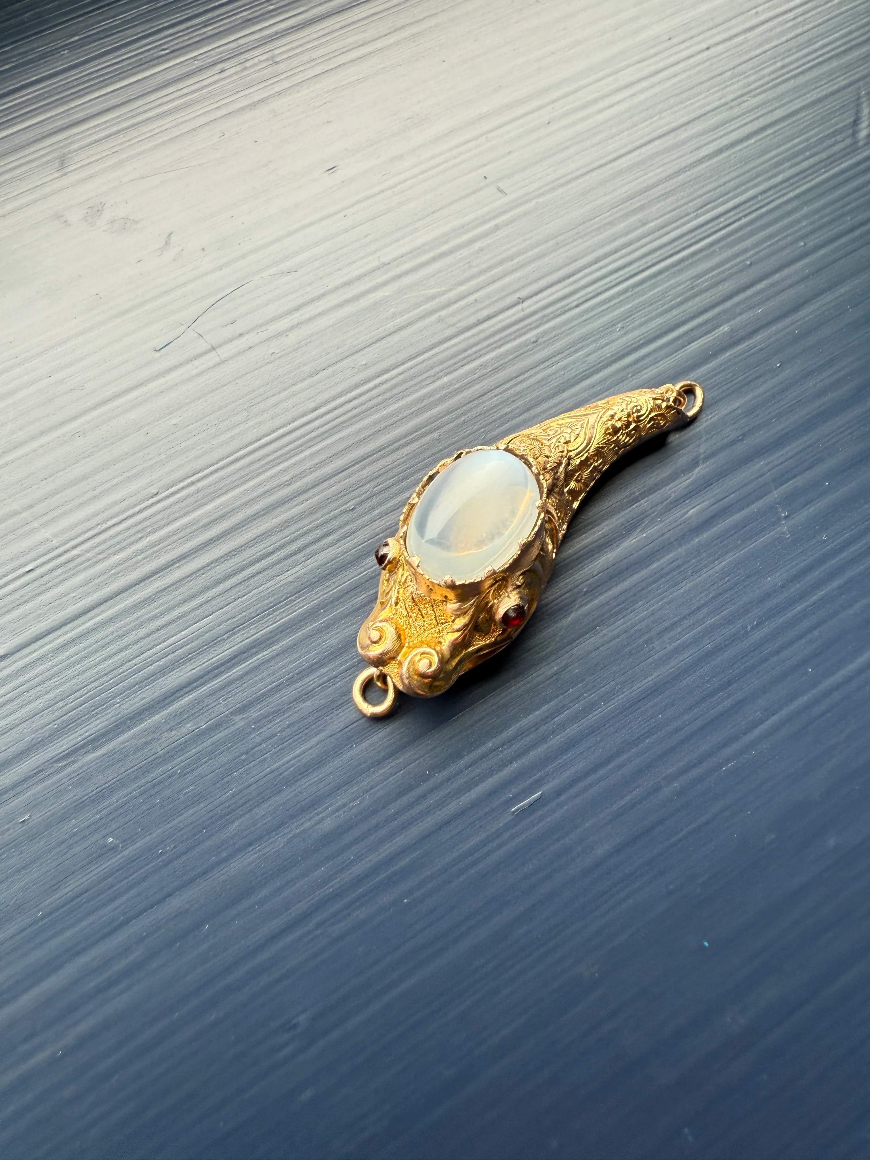MOONSTONE Smiling SNAKE Large Victorian Antique Pendant CONNECTOR Extender Figural 10k Gold Solid Swivel Engraved Head Garnet Eyes - Image 25
