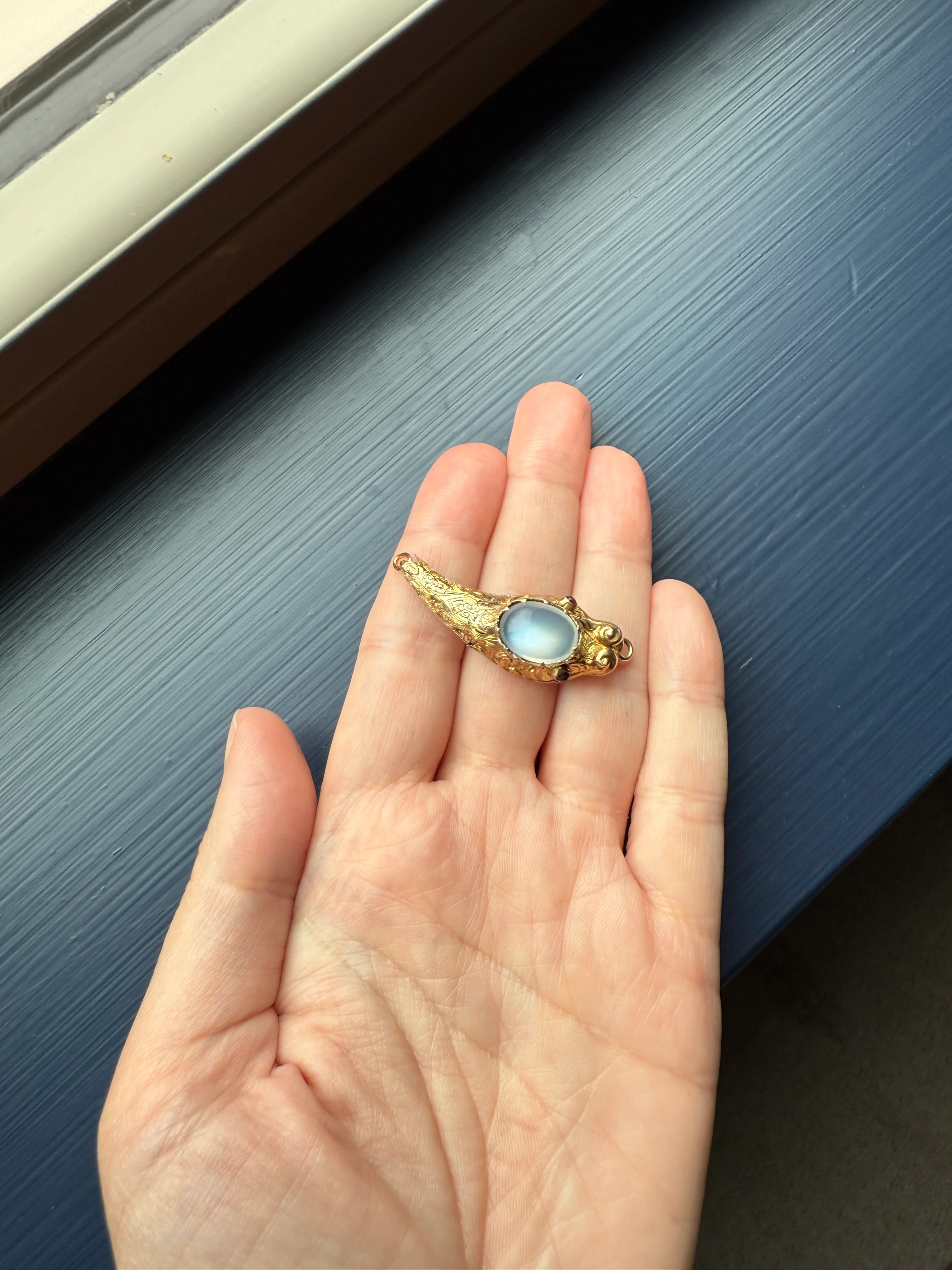 MOONSTONE Smiling SNAKE Large Victorian Antique Pendant CONNECTOR Extender Figural 10k Gold Solid Swivel Engraved Head Garnet Eyes - Image 26
