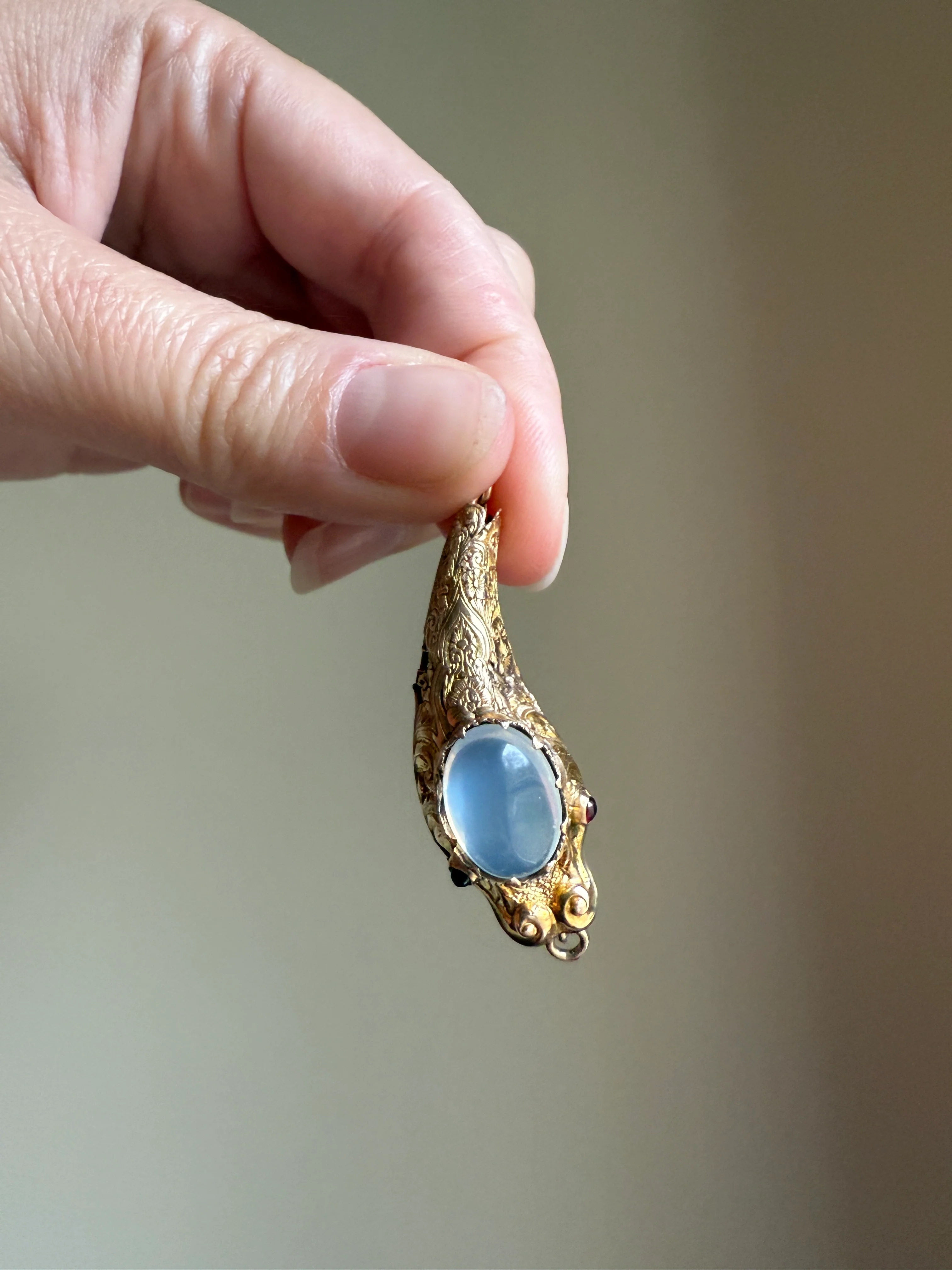 MOONSTONE Smiling SNAKE Large Victorian Antique Pendant CONNECTOR Extender Figural 10k Gold Solid Swivel Engraved Head Garnet Eyes - Image 28
