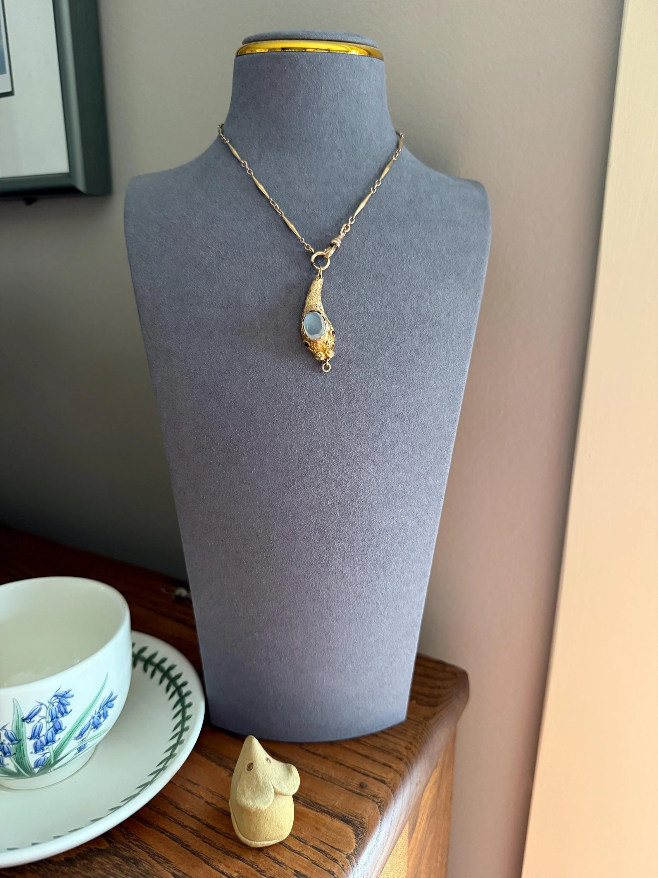 MOONSTONE Smiling SNAKE Large Victorian Antique Pendant CONNECTOR Extender Figural 10k Gold Solid Swivel Engraved Head Garnet Eyes - Image 3