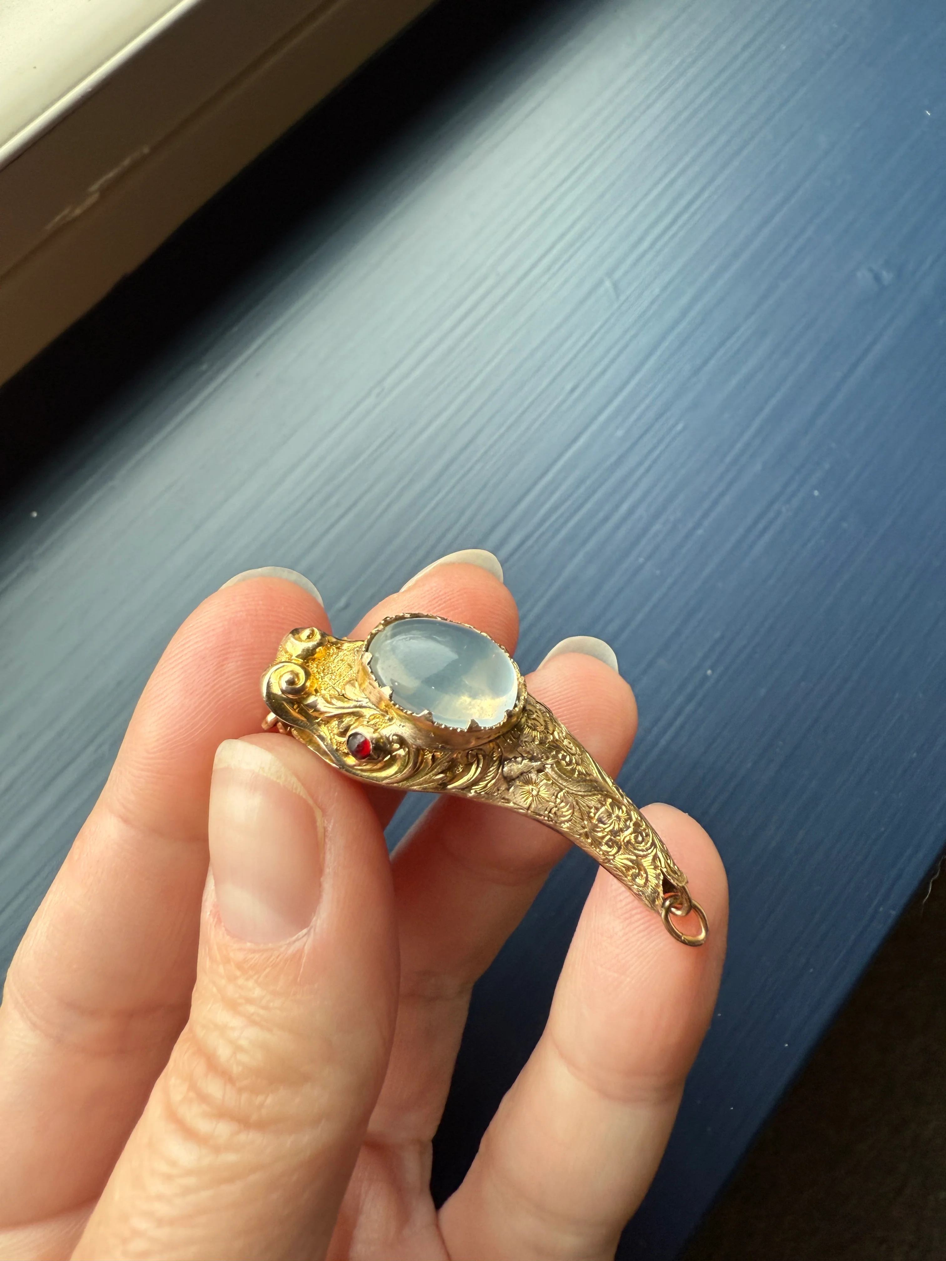 MOONSTONE Smiling SNAKE Large Victorian Antique Pendant CONNECTOR Extender Figural 10k Gold Solid Swivel Engraved Head Garnet Eyes - Image 30