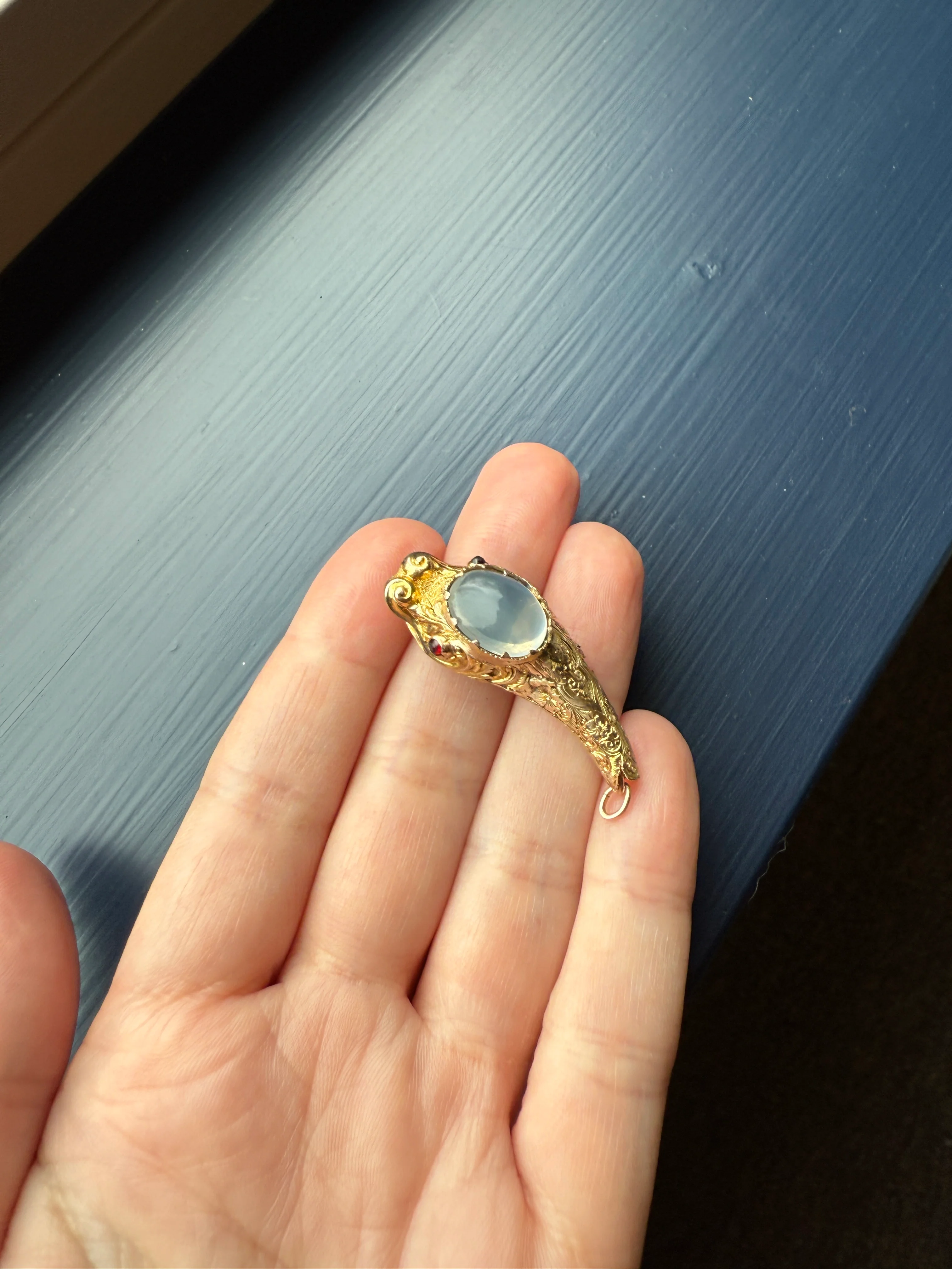 MOONSTONE Smiling SNAKE Large Victorian Antique Pendant CONNECTOR Extender Figural 10k Gold Solid Swivel Engraved Head Garnet Eyes - Image 31