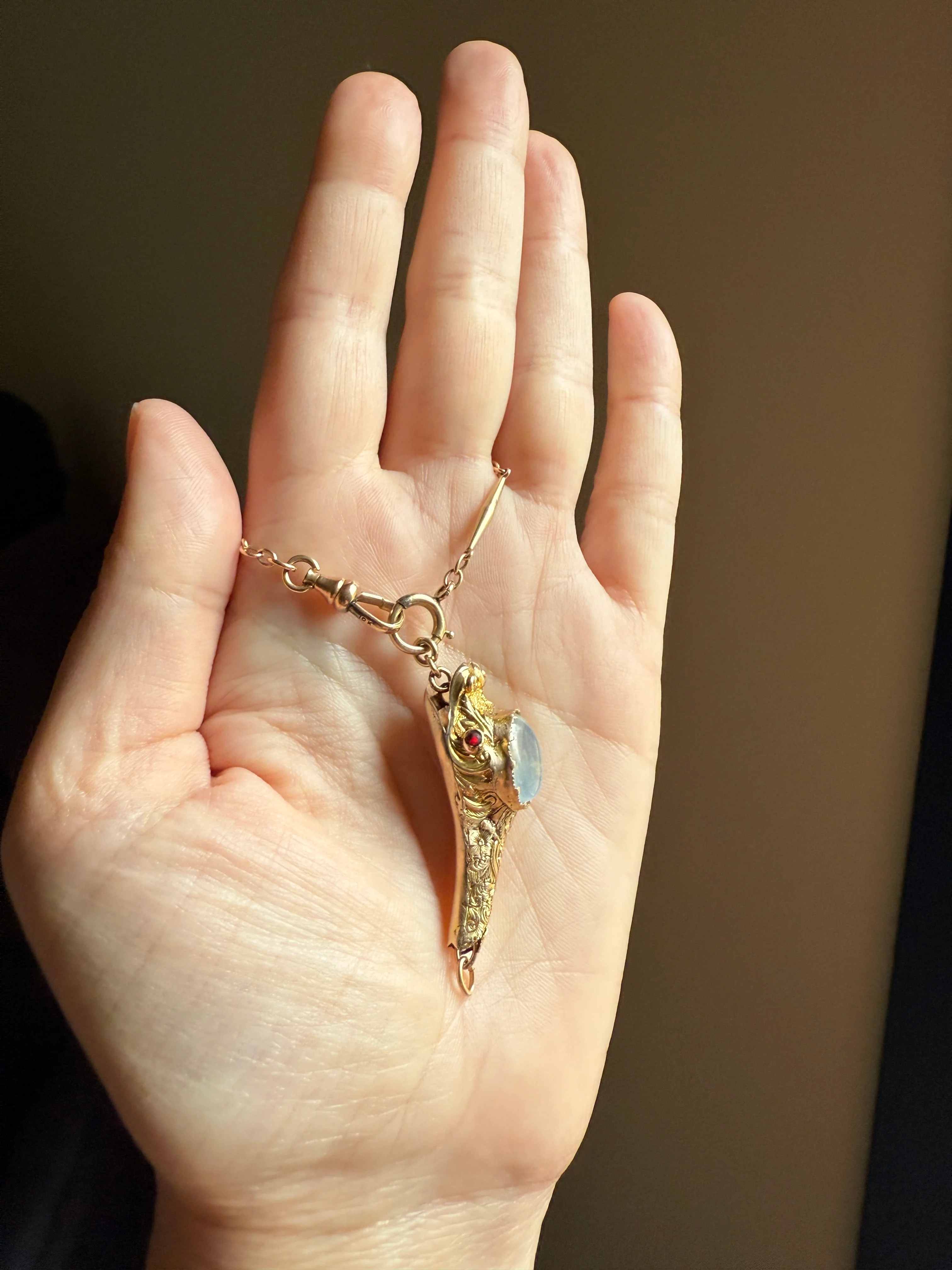 MOONSTONE Smiling SNAKE Large Victorian Antique Pendant CONNECTOR Extender Figural 10k Gold Solid Swivel Engraved Head Garnet Eyes - Image 32