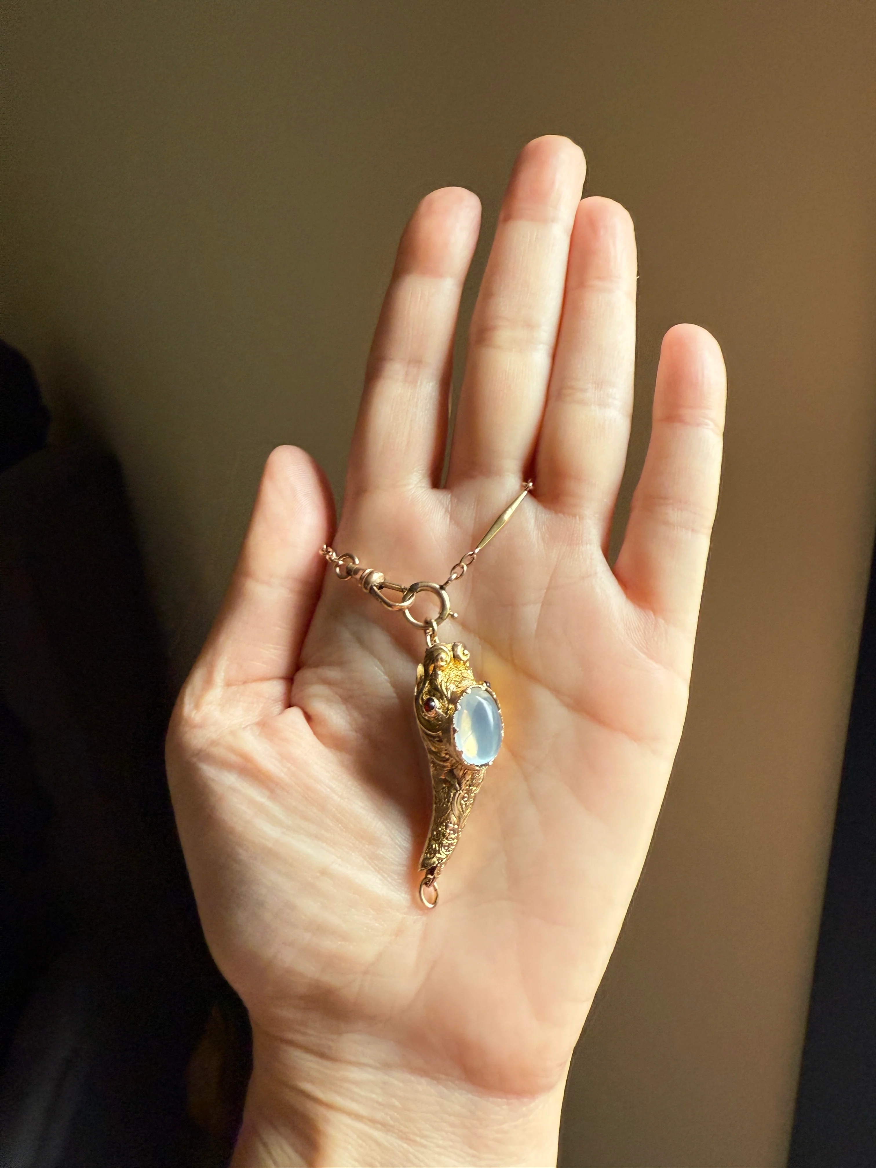 MOONSTONE Smiling SNAKE Large Victorian Antique Pendant CONNECTOR Extender Figural 10k Gold Solid Swivel Engraved Head Garnet Eyes - Image 33