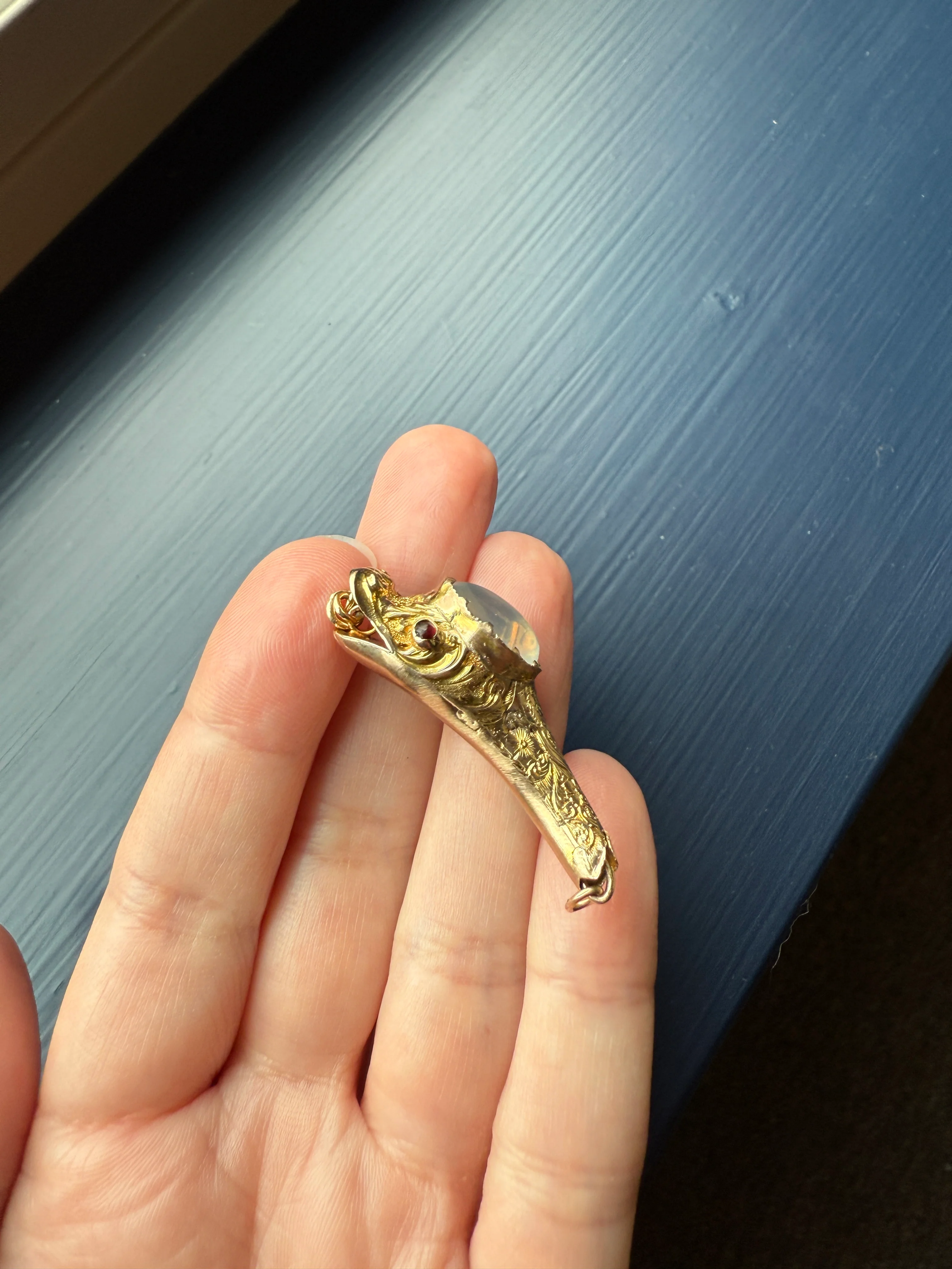 MOONSTONE Smiling SNAKE Large Victorian Antique Pendant CONNECTOR Extender Figural 10k Gold Solid Swivel Engraved Head Garnet Eyes - Image 34