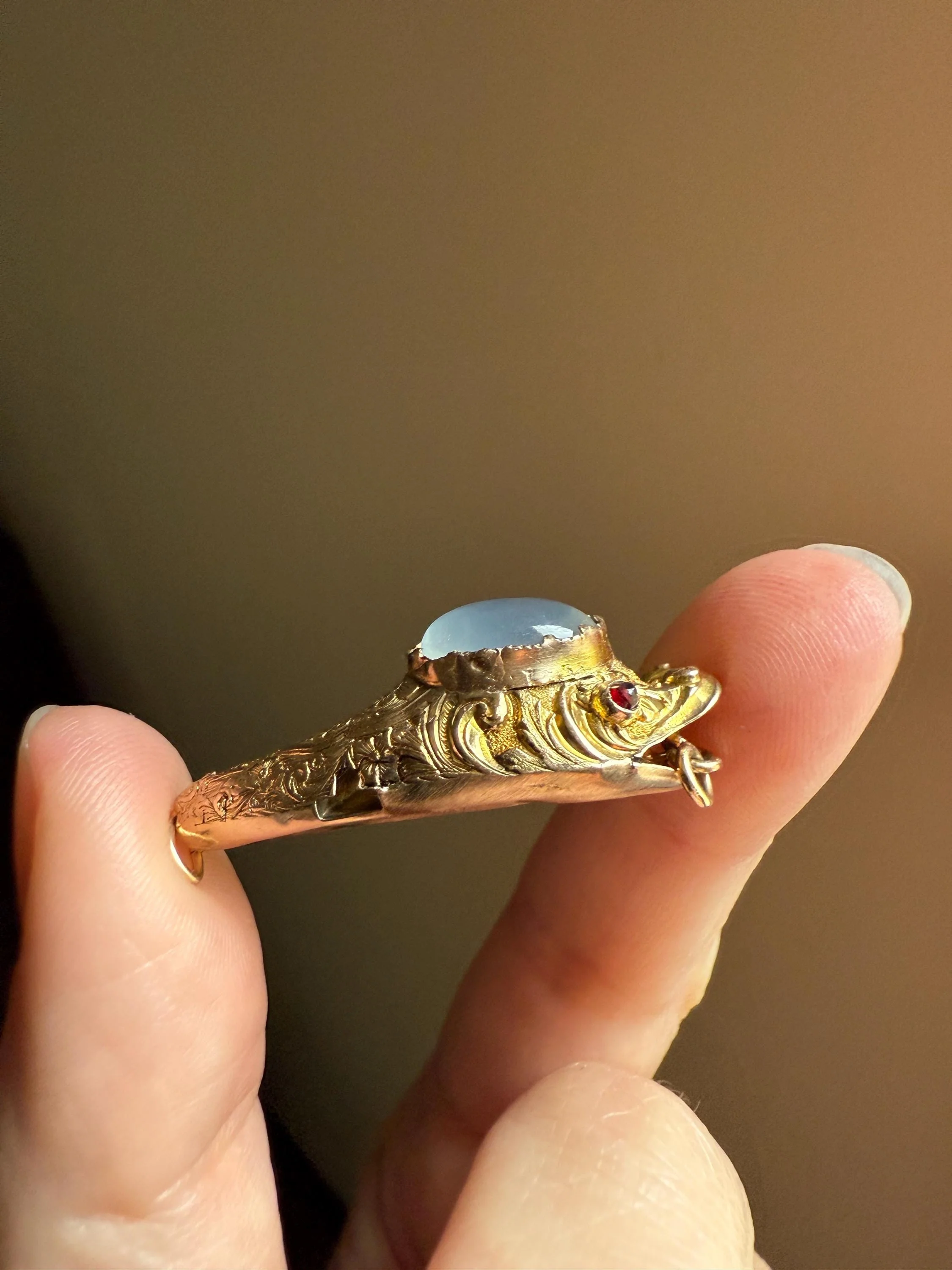 MOONSTONE Smiling SNAKE Large Victorian Antique Pendant CONNECTOR Extender Figural 10k Gold Solid Swivel Engraved Head Garnet Eyes - Image 4