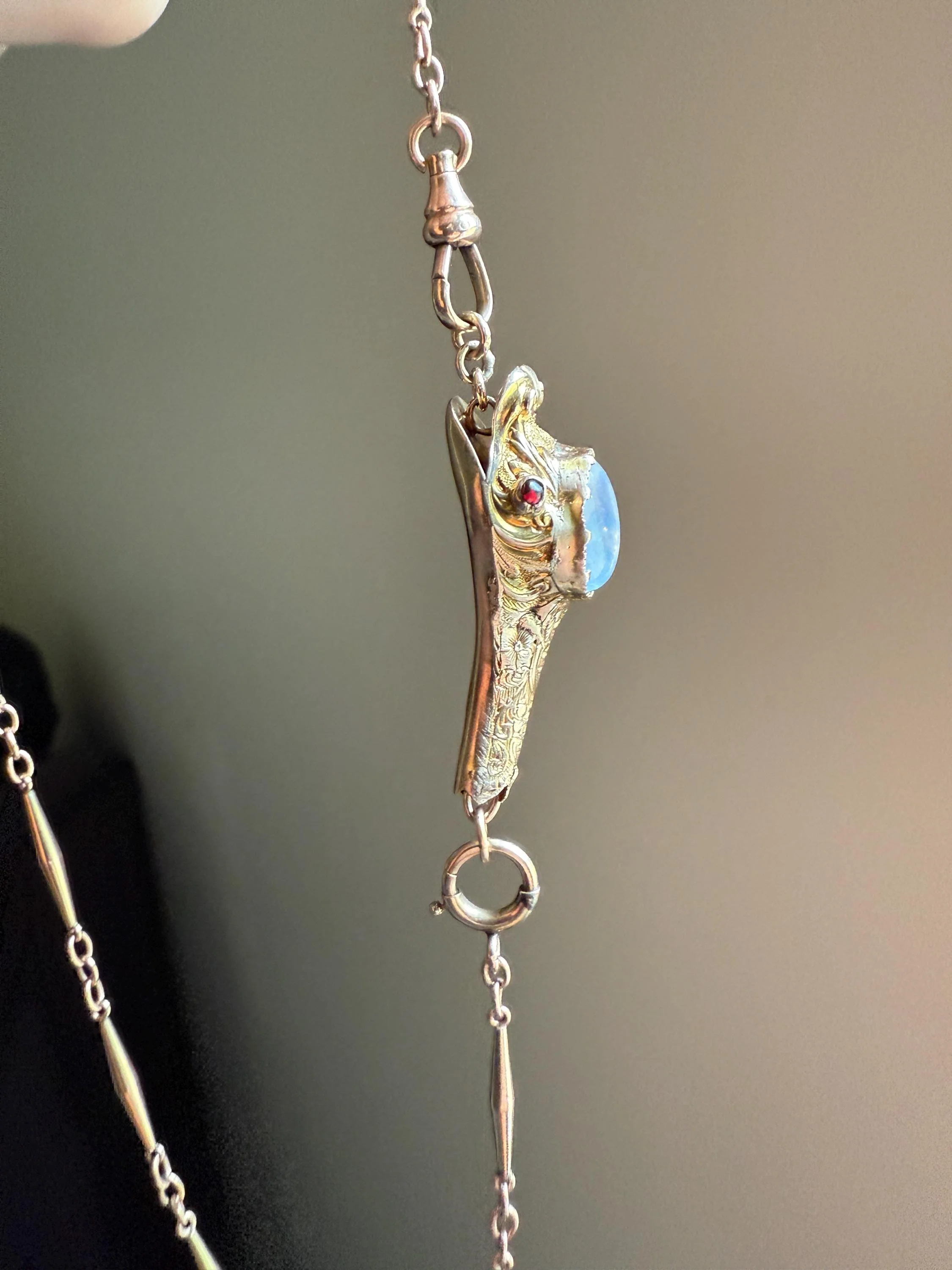 MOONSTONE Smiling SNAKE Large Victorian Antique Pendant CONNECTOR Extender Figural 10k Gold Solid Swivel Engraved Head Garnet Eyes - Image 7