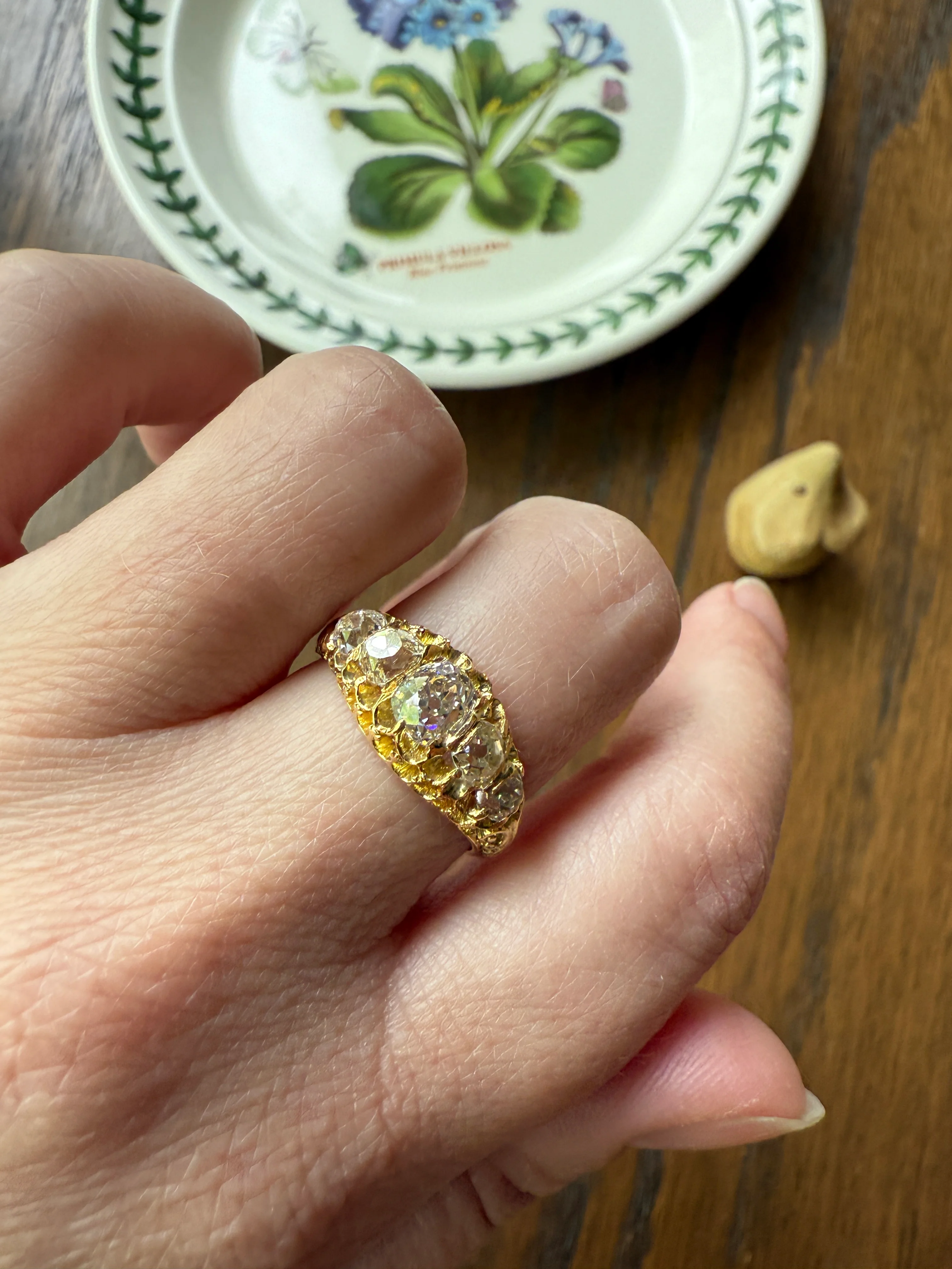Most Ornate Victorian Antique Chunky Five Stone 1.8 Carat Old Mine Cut Diamond Band 18k Gold Ring Stacker Crown Prongs - Image 12
