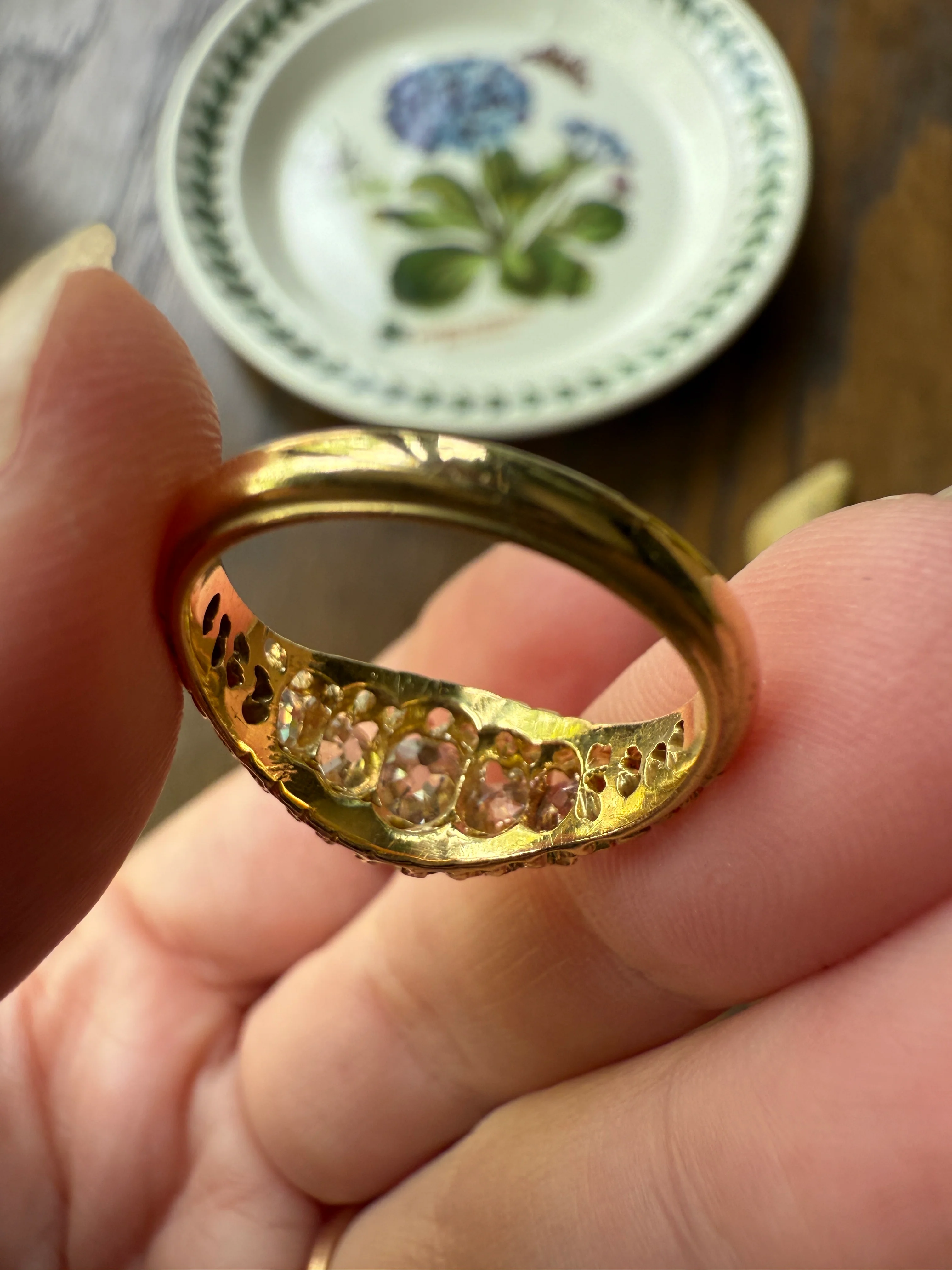 Most Ornate Victorian Antique Chunky Five Stone 1.8 Carat Old Mine Cut Diamond Band 18k Gold Ring Stacker Crown Prongs - Image 13