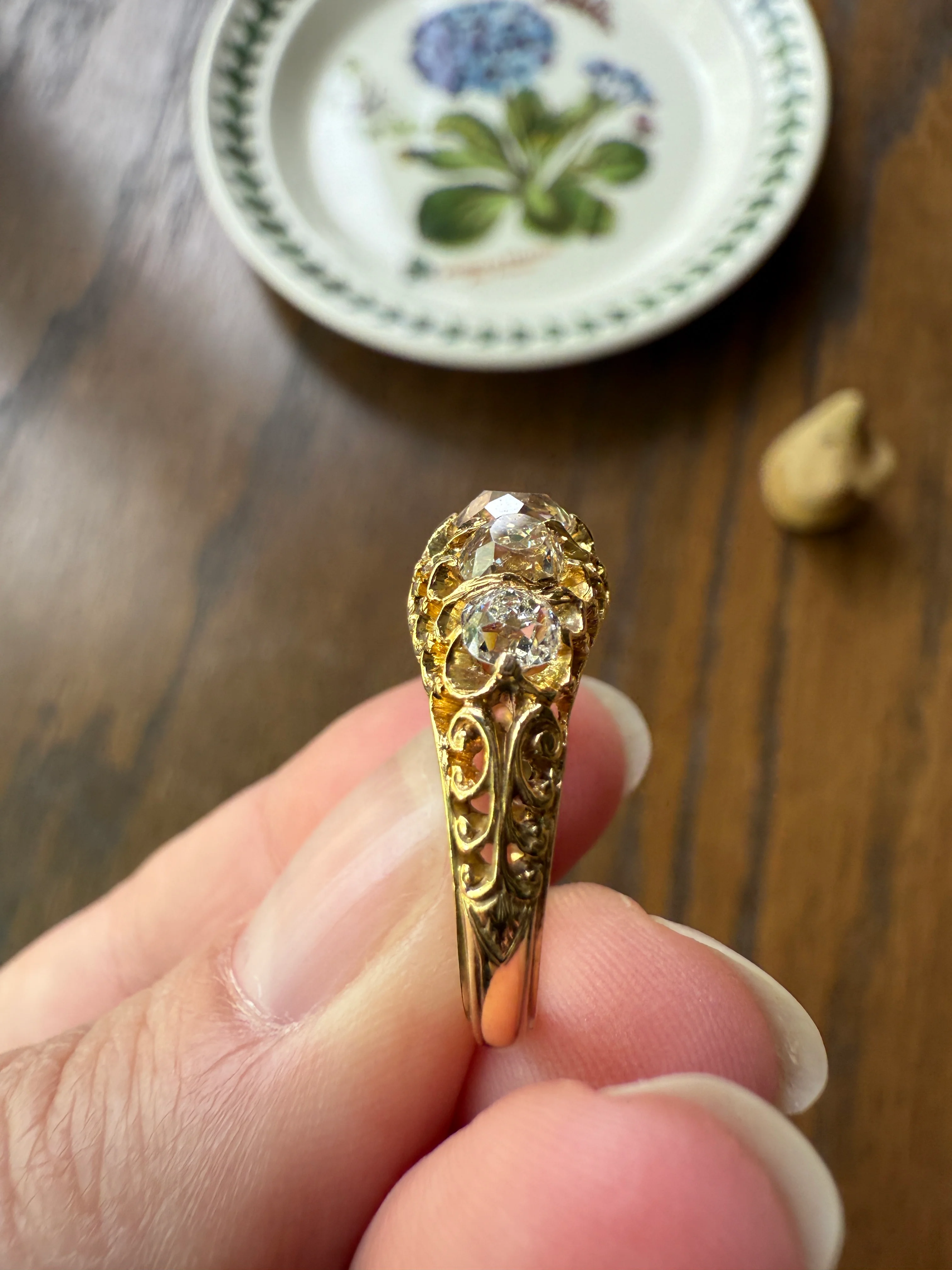 Most Ornate Victorian Antique Chunky Five Stone 1.8 Carat Old Mine Cut Diamond Band 18k Gold Ring Stacker Crown Prongs - Image 16