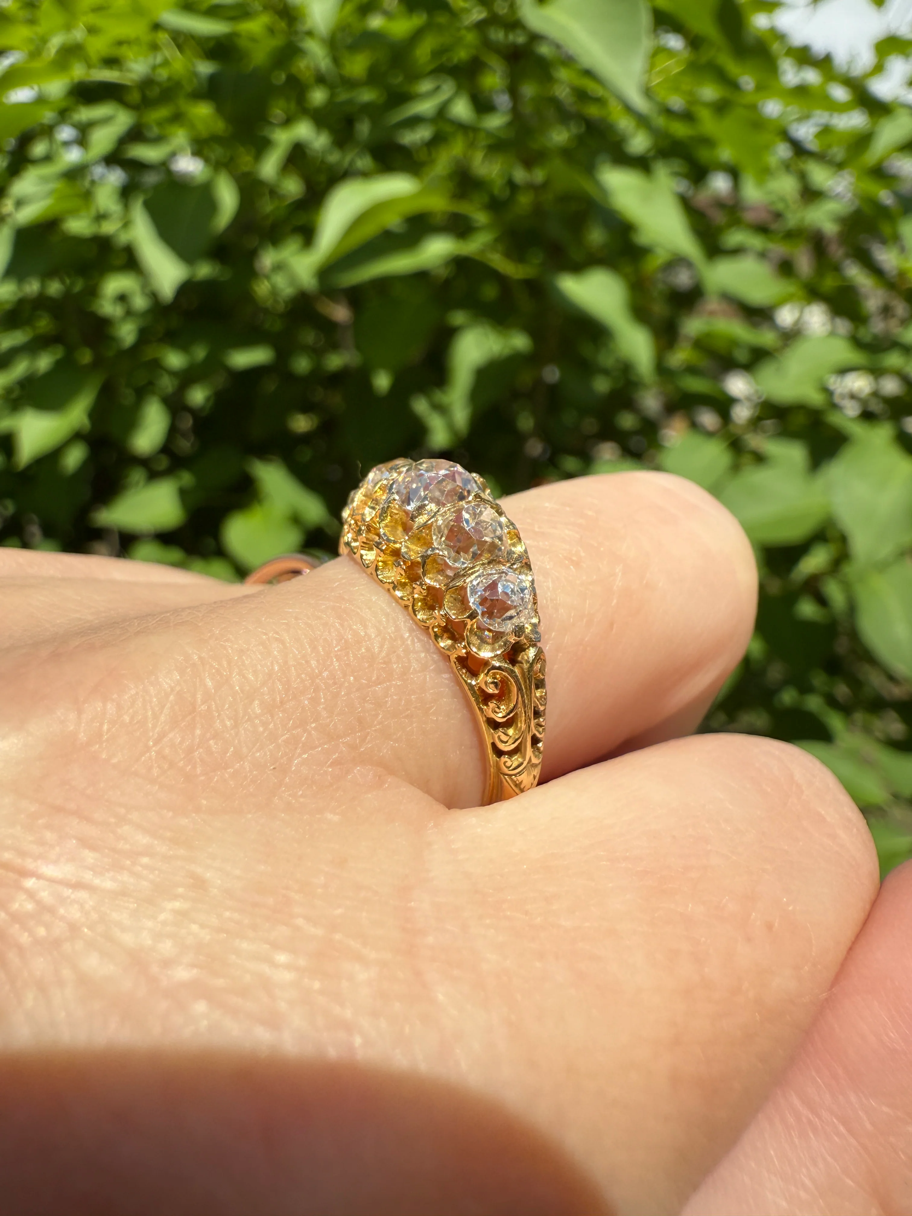 Most Ornate Victorian Antique Chunky Five Stone 1.8 Carat Old Mine Cut Diamond Band 18k Gold Ring Stacker Crown Prongs - Image 19