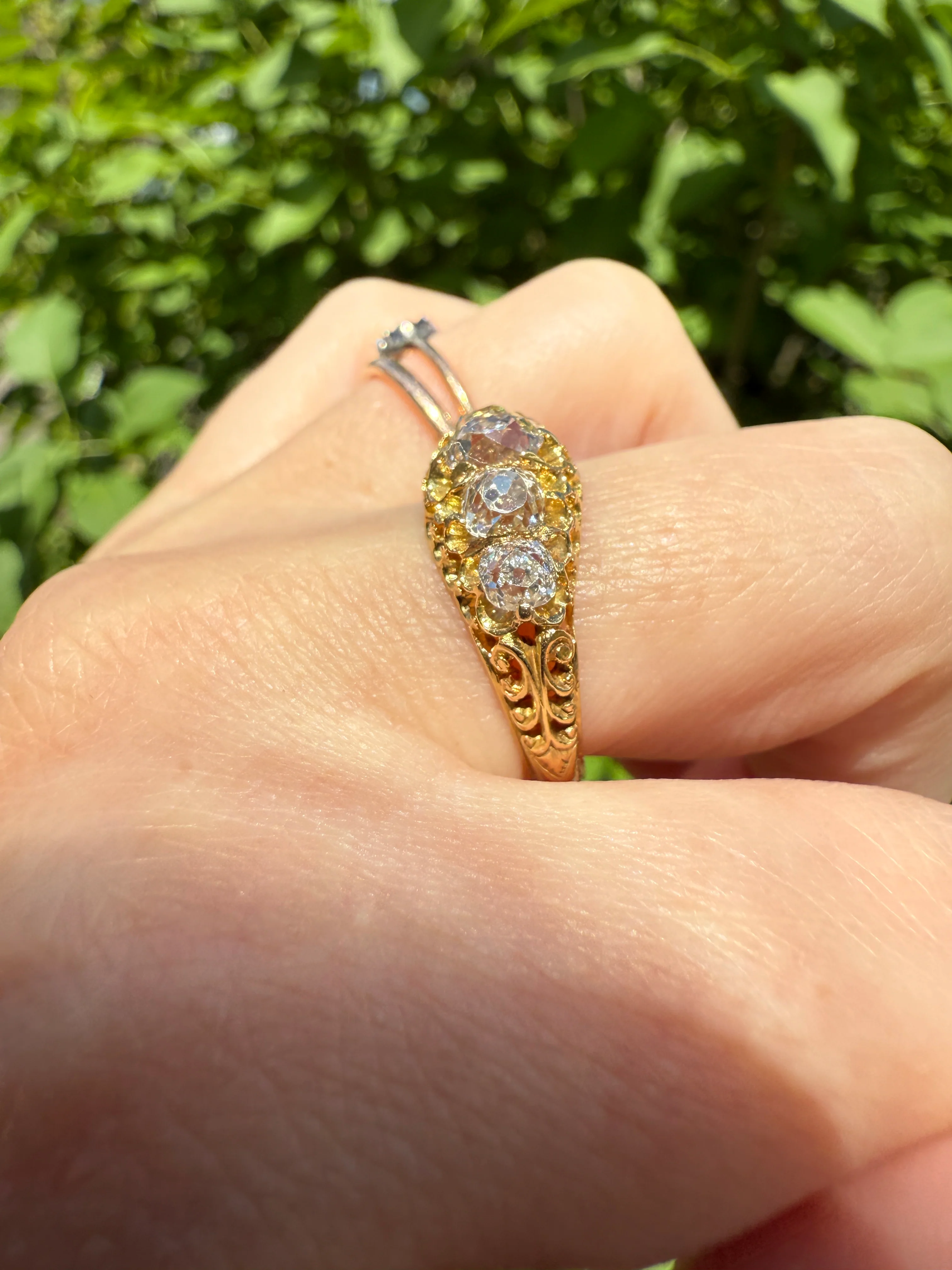 Most Ornate Victorian Antique Chunky Five Stone 1.8 Carat Old Mine Cut Diamond Band 18k Gold Ring Stacker Crown Prongs - Image 20