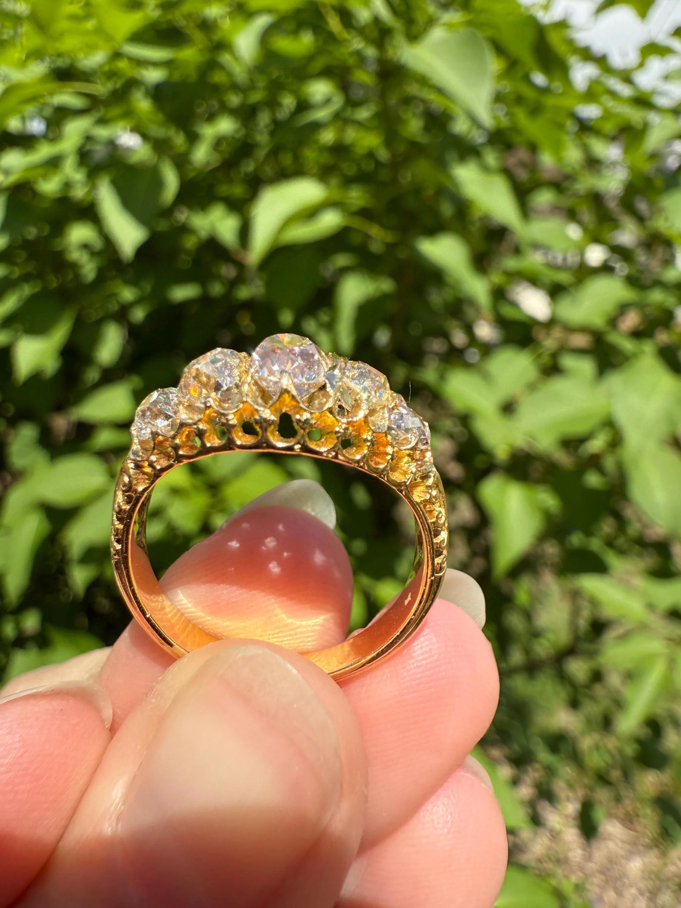 Most Ornate Victorian Antique Chunky Five Stone 1.8 Carat Old Mine Cut Diamond Band 18k Gold Ring Stacker Crown Prongs - Image 4
