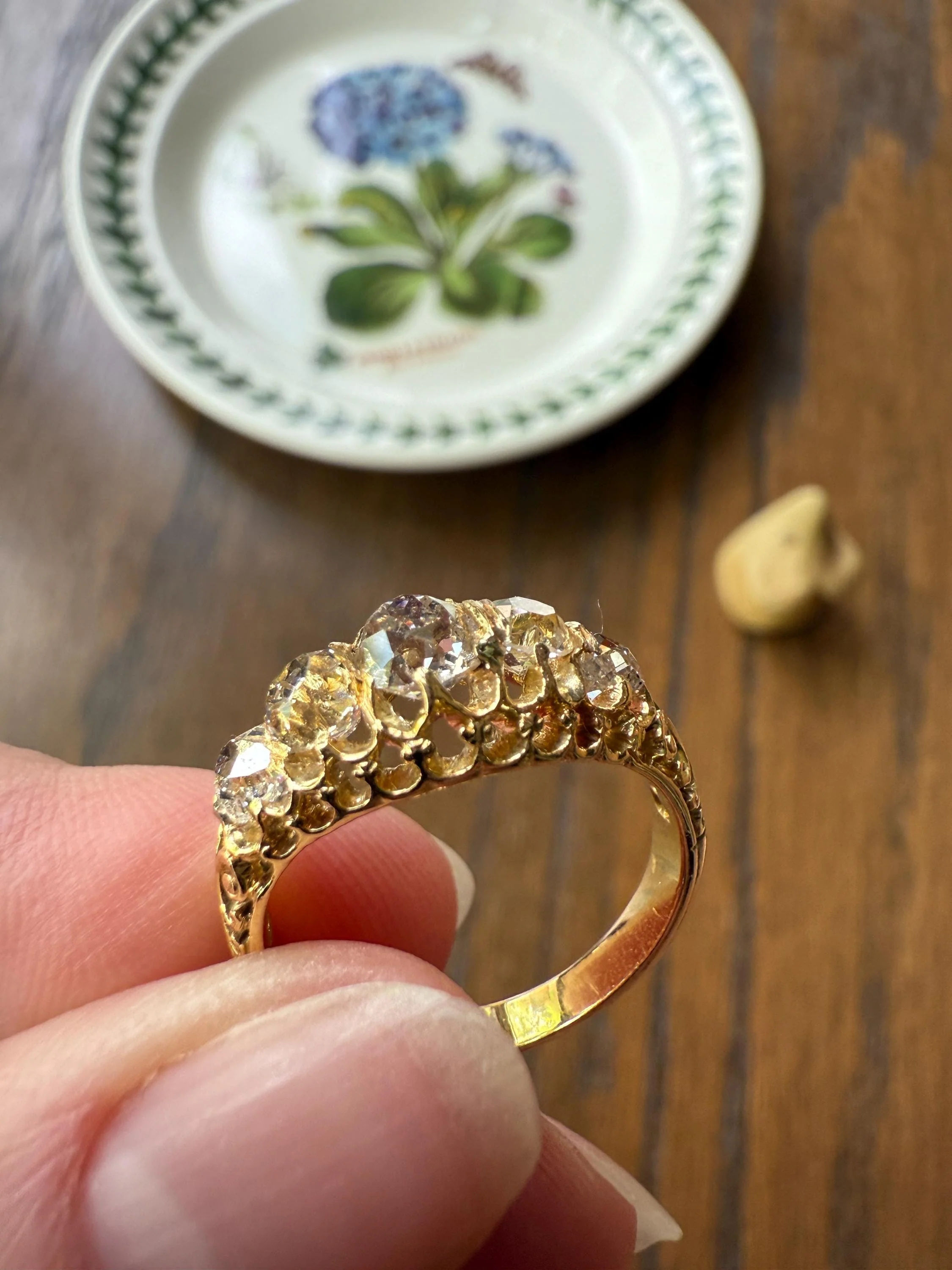 Most Ornate Victorian Antique Chunky Five Stone 1.8 Carat Old Mine Cut Diamond Band 18k Gold Ring Stacker Crown Prongs - Image 6