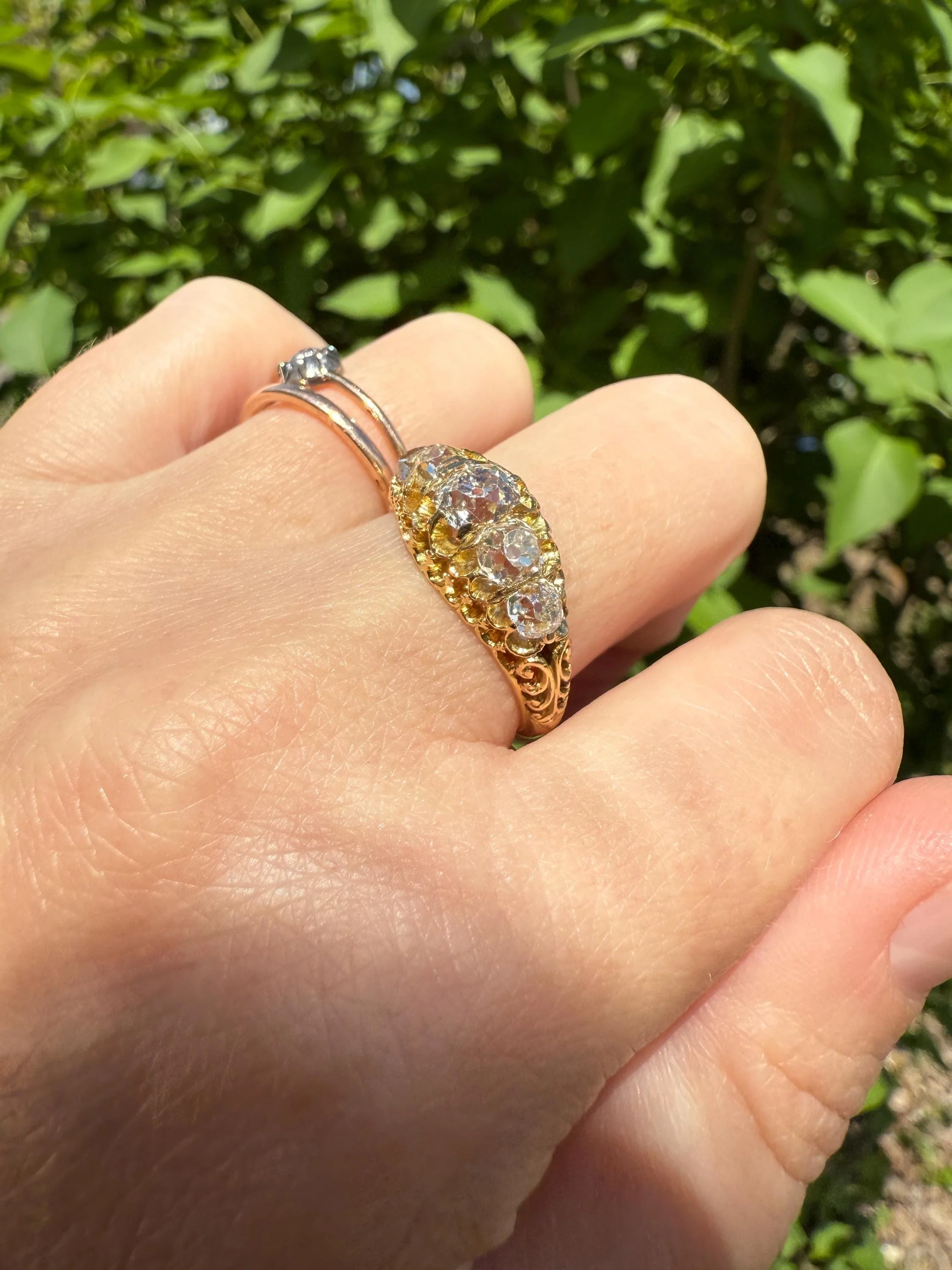 Most Ornate Victorian Antique Chunky Five Stone 1.8 Carat Old Mine Cut Diamond Band 18k Gold Ring Stacker Crown Prongs - Image 7