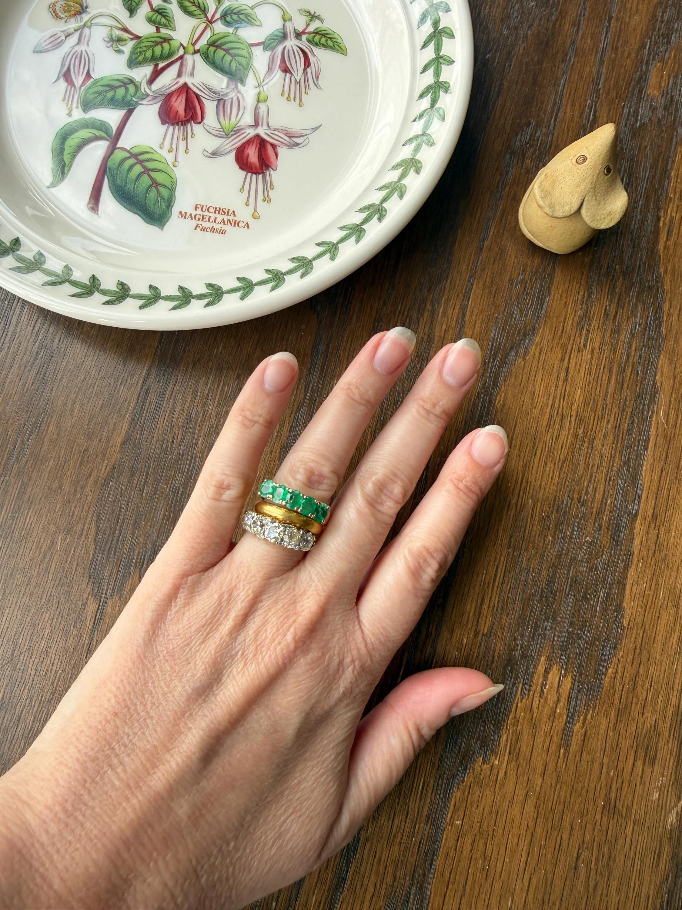 Natural EMERALD Oval Five Stone Band French Vintage 14k Gold Ring Green Linear Stacker Splayed Stacker - Image 5