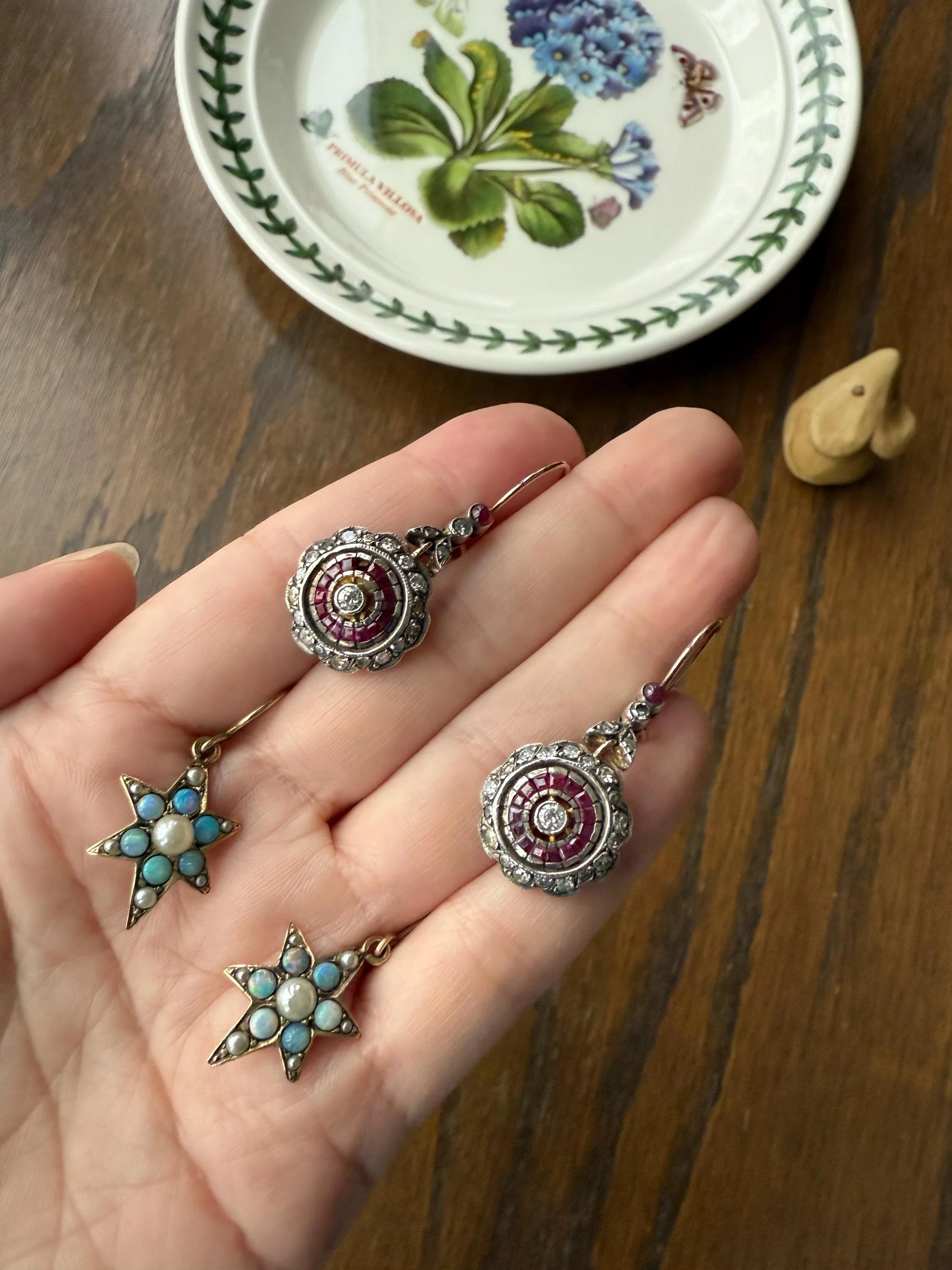 Natural RUBY Halo Antique Old Single Cut DIAMOND Halo Dangle Earrings 8k 14k Gold Sterling Silver Scalloped Floral Cluster Bullseye Target - Image 12