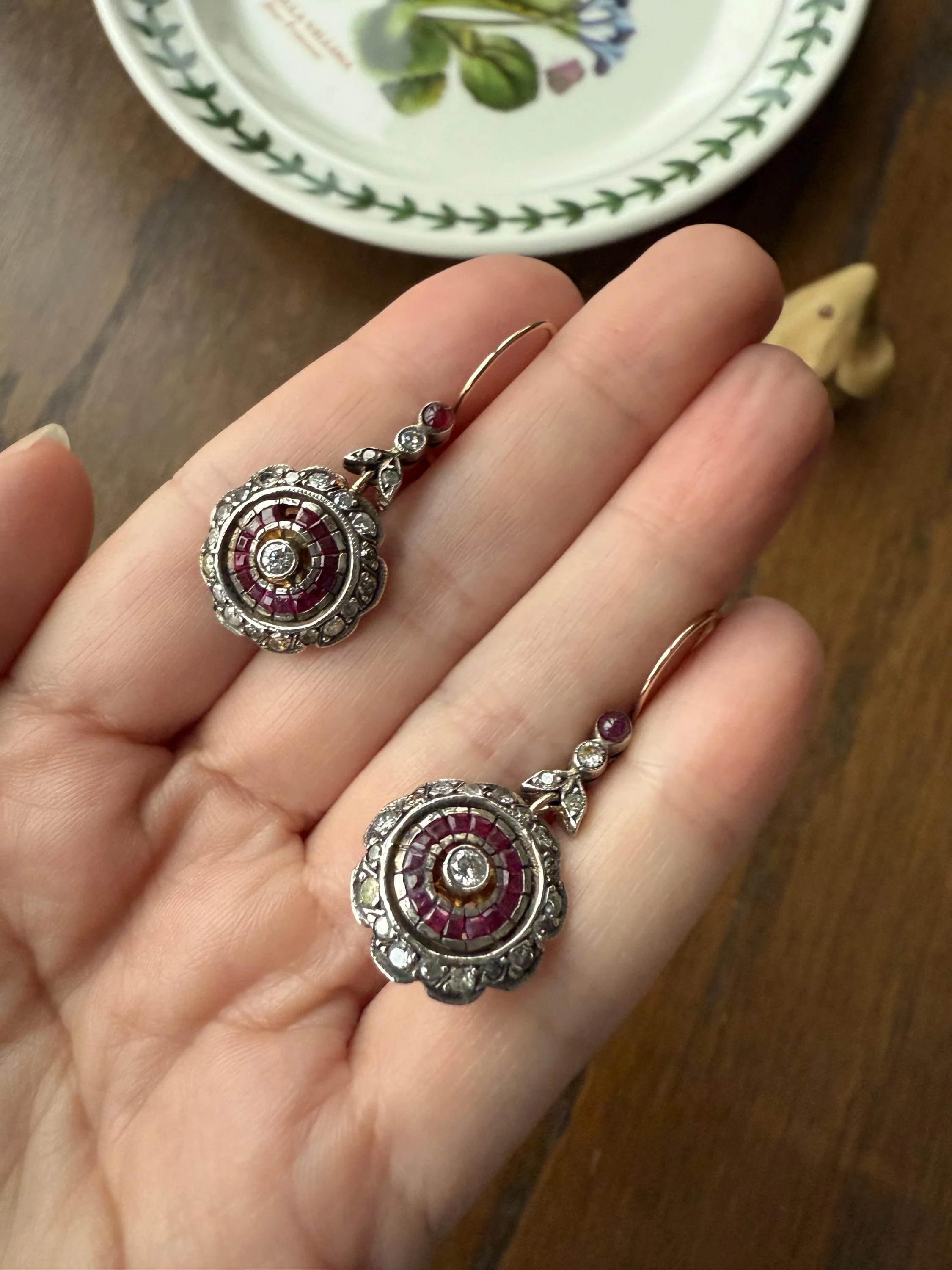 Natural RUBY Halo Antique Old Single Cut DIAMOND Halo Dangle Earrings 8k 14k Gold Sterling Silver Scalloped Floral Cluster Bullseye Target - Image 2