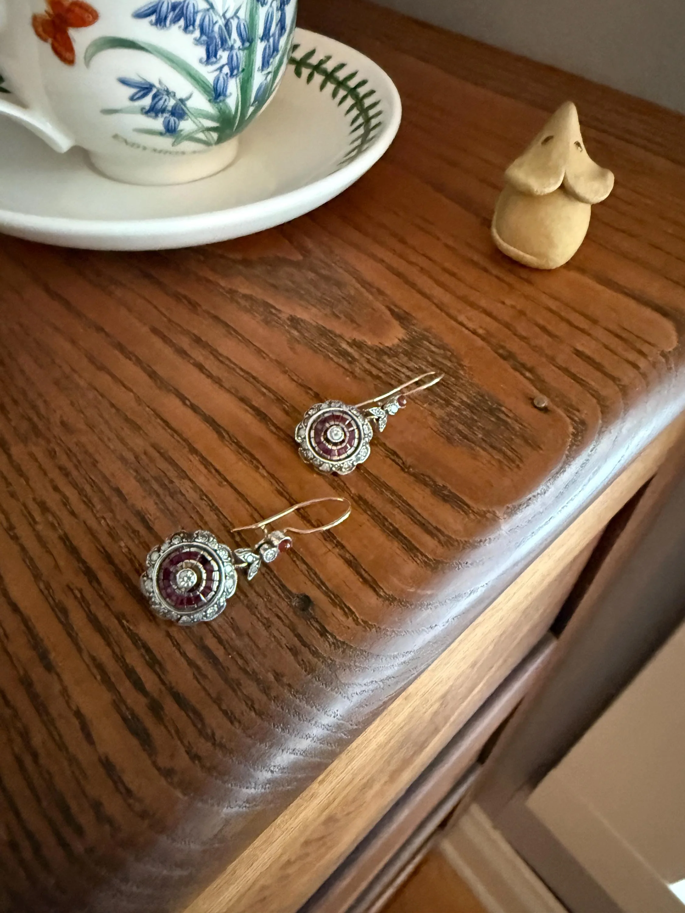 Natural RUBY Halo Antique Old Single Cut DIAMOND Halo Dangle Earrings 8k 14k Gold Sterling Silver Scalloped Floral Cluster Bullseye Target - Image 5