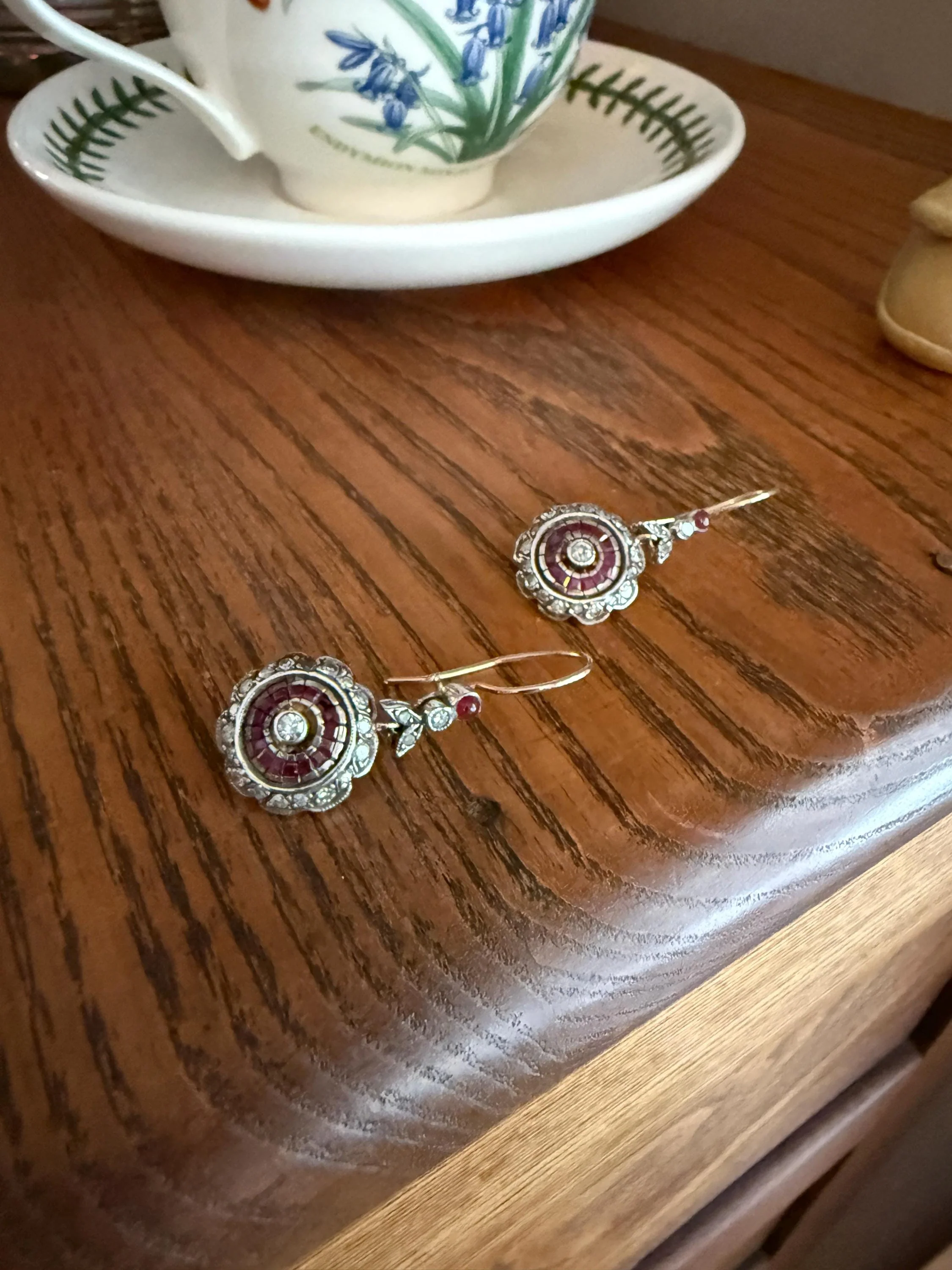 Natural RUBY Halo Antique Old Single Cut DIAMOND Halo Dangle Earrings 8k 14k Gold Sterling Silver Scalloped Floral Cluster Bullseye Target - Image 6