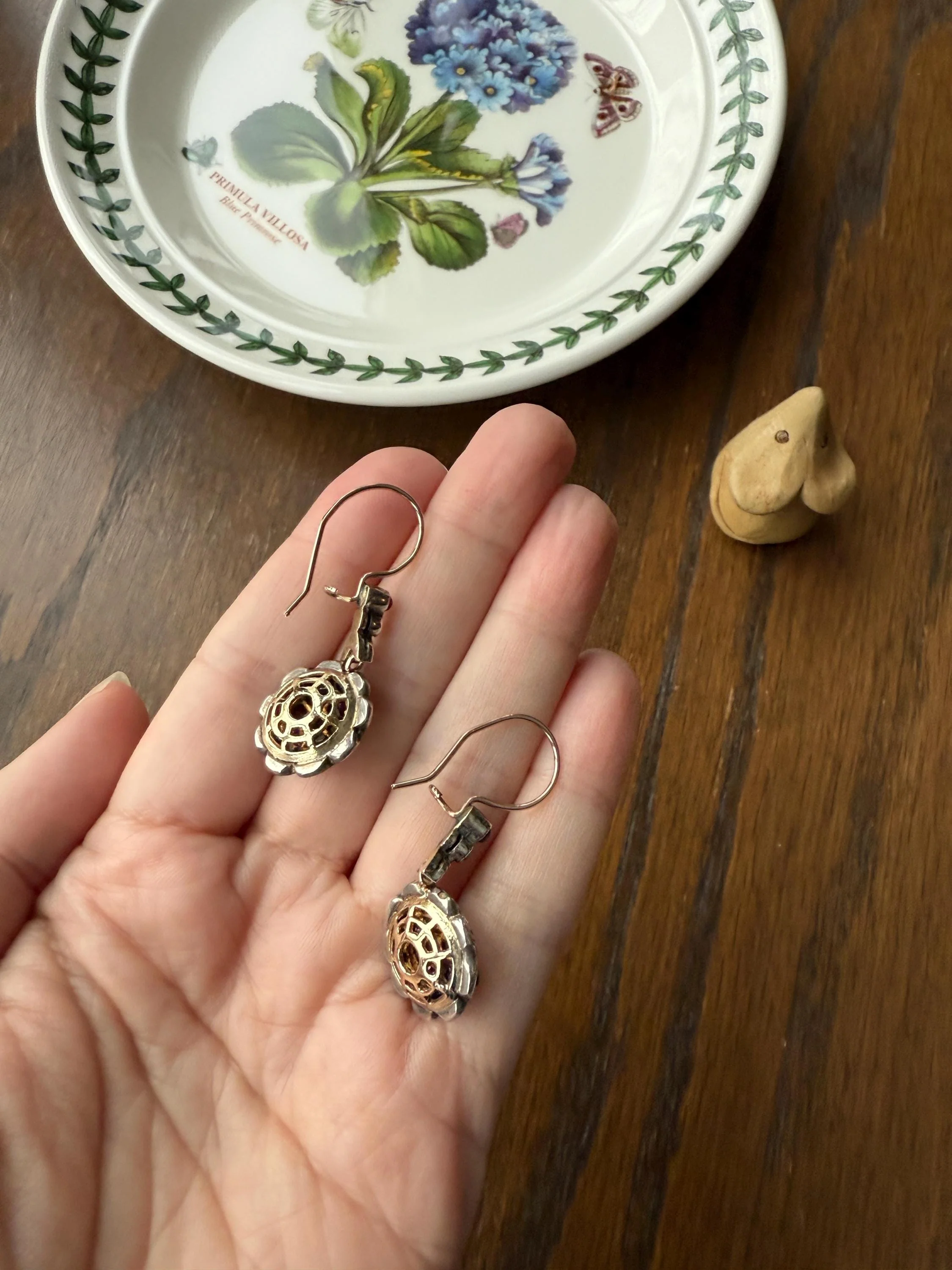 Natural RUBY Halo Antique Old Single Cut DIAMOND Halo Dangle Earrings 8k 14k Gold Sterling Silver Scalloped Floral Cluster Bullseye Target - Image 7