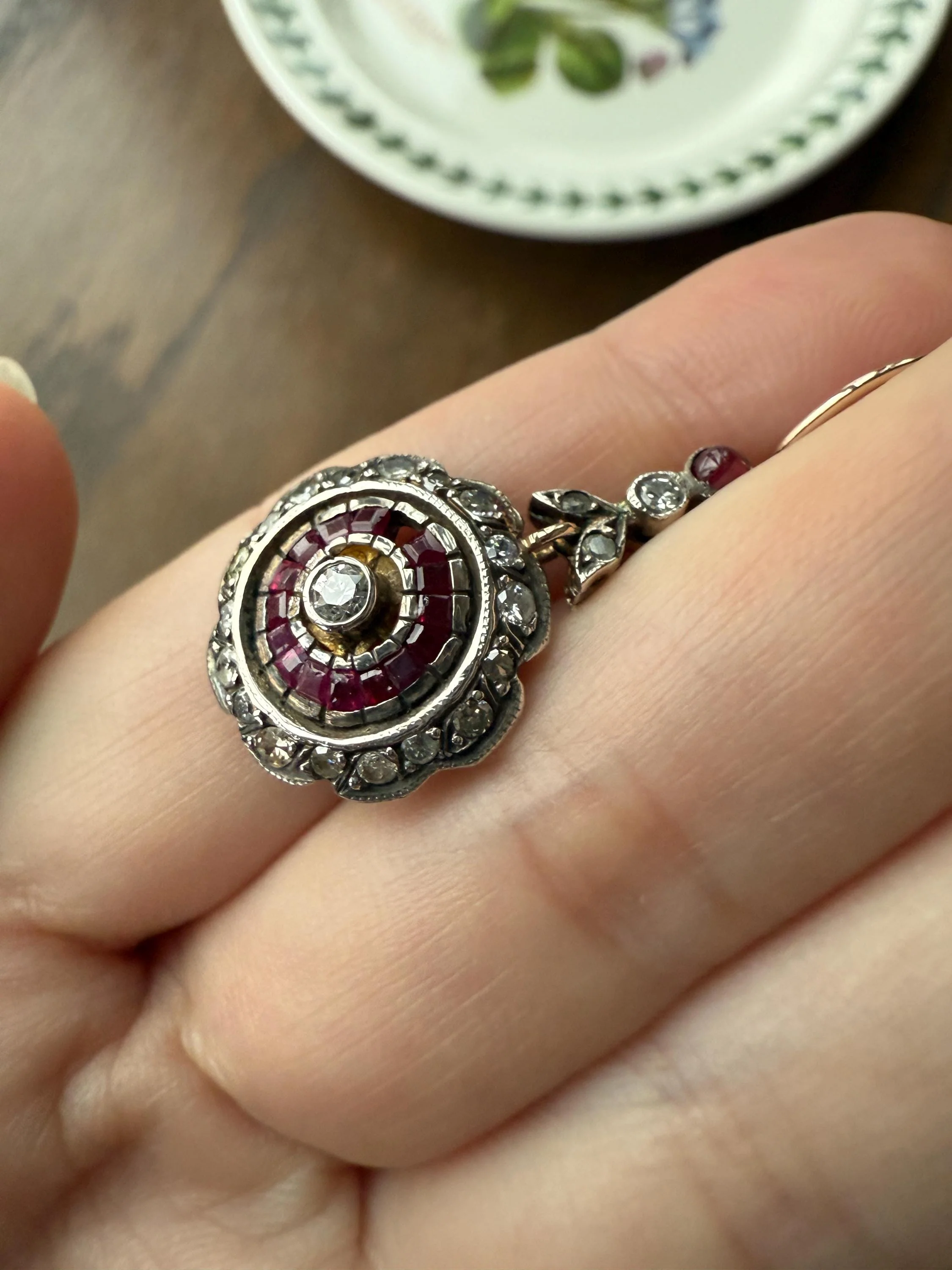 Natural RUBY Halo Antique Old Single Cut DIAMOND Halo Dangle Earrings 8k 14k Gold Sterling Silver Scalloped Floral Cluster Bullseye Target - Image 8