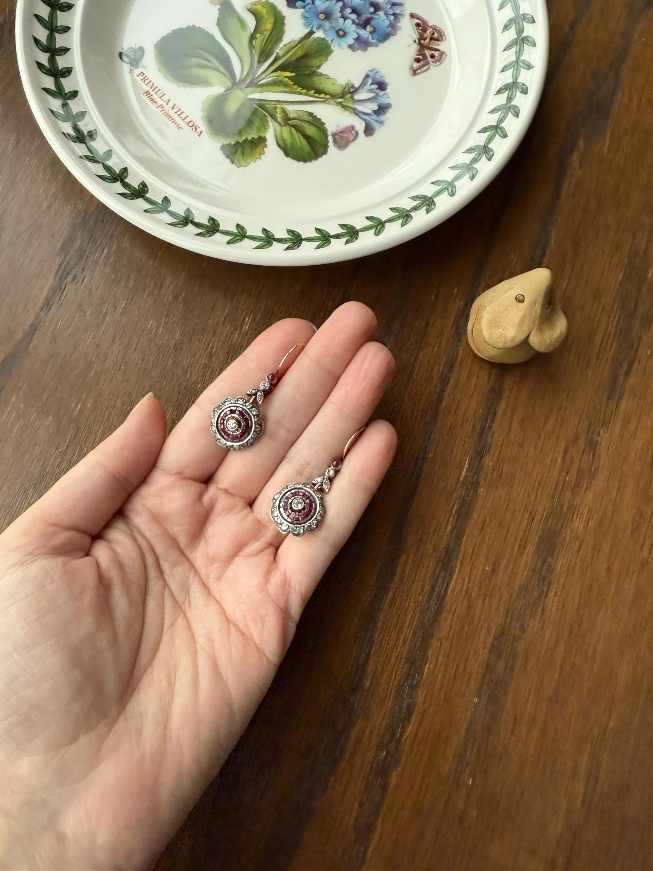 Natural RUBY Halo Antique Old Single Cut DIAMOND Halo Dangle Earrings 8k 14k Gold Sterling Silver Scalloped Floral Cluster Bullseye Target - Image 9