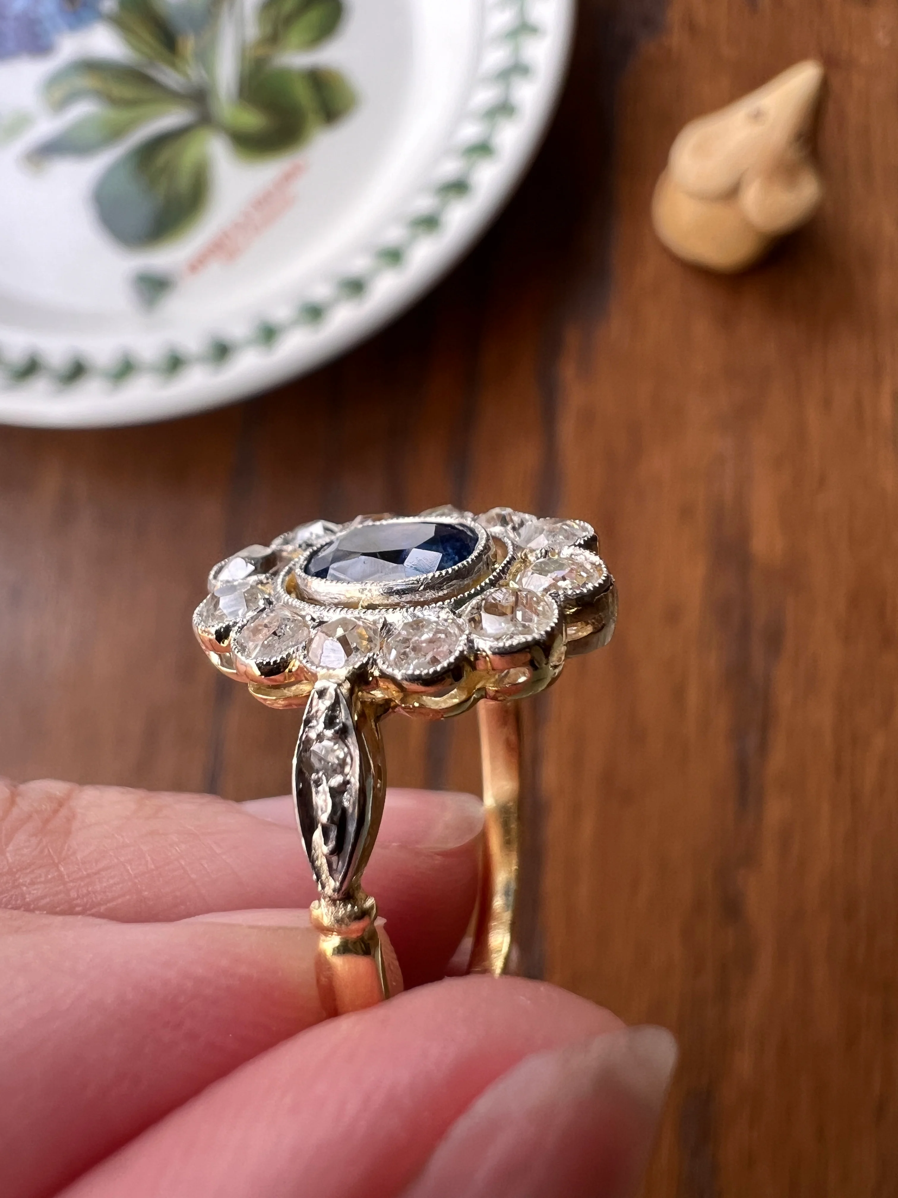 Natural SAPPHIRE French ANTIQUE 1 Carat Old Mine Cut DIAMOND Halo Daisy Cluster Ring 18k Gold Blue Oval Belle Epoque - Image 12