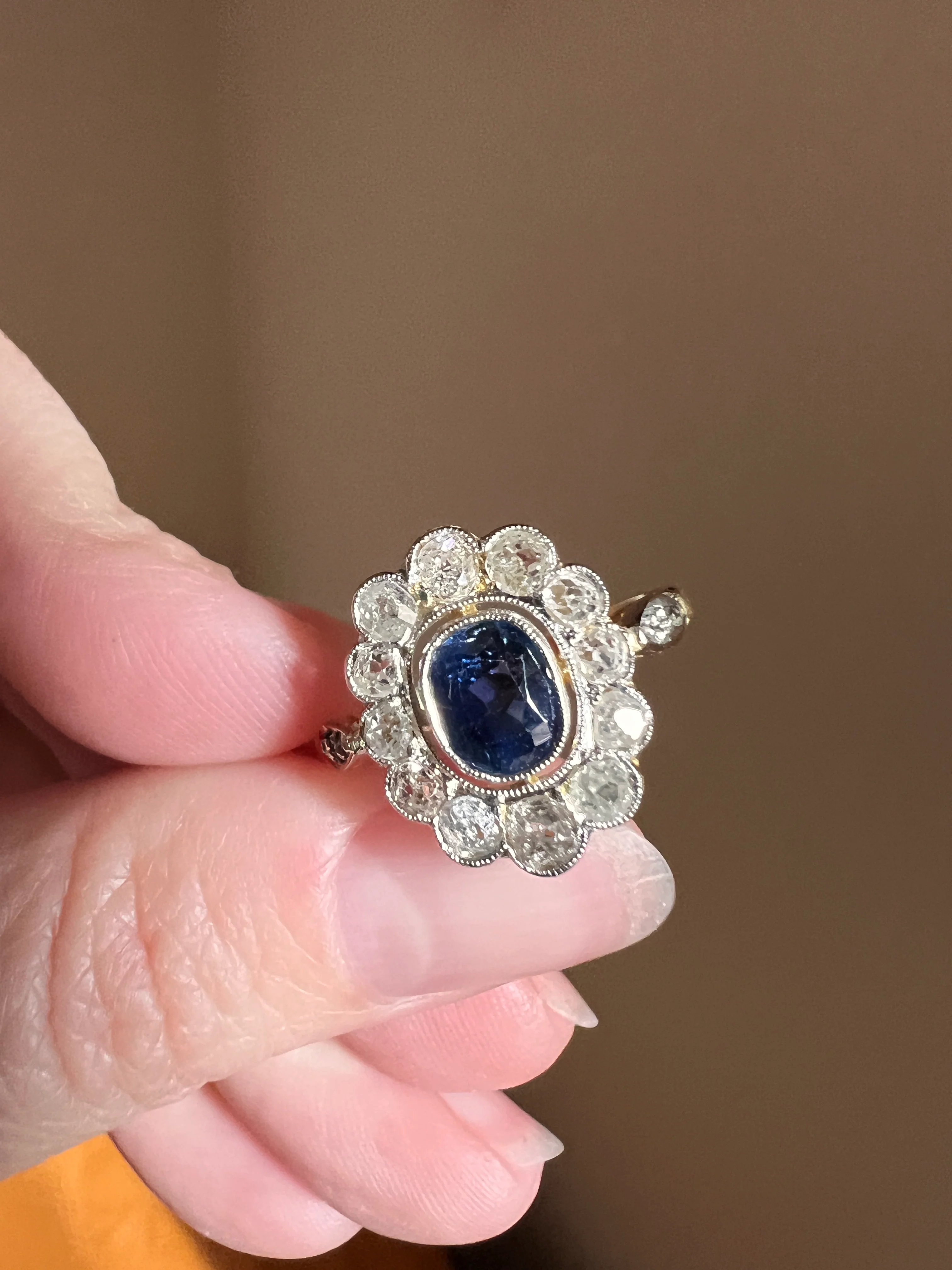 Natural SAPPHIRE French ANTIQUE 1 Carat Old Mine Cut DIAMOND Halo Daisy Cluster Ring 18k Gold Blue Oval Belle Epoque - Image 13