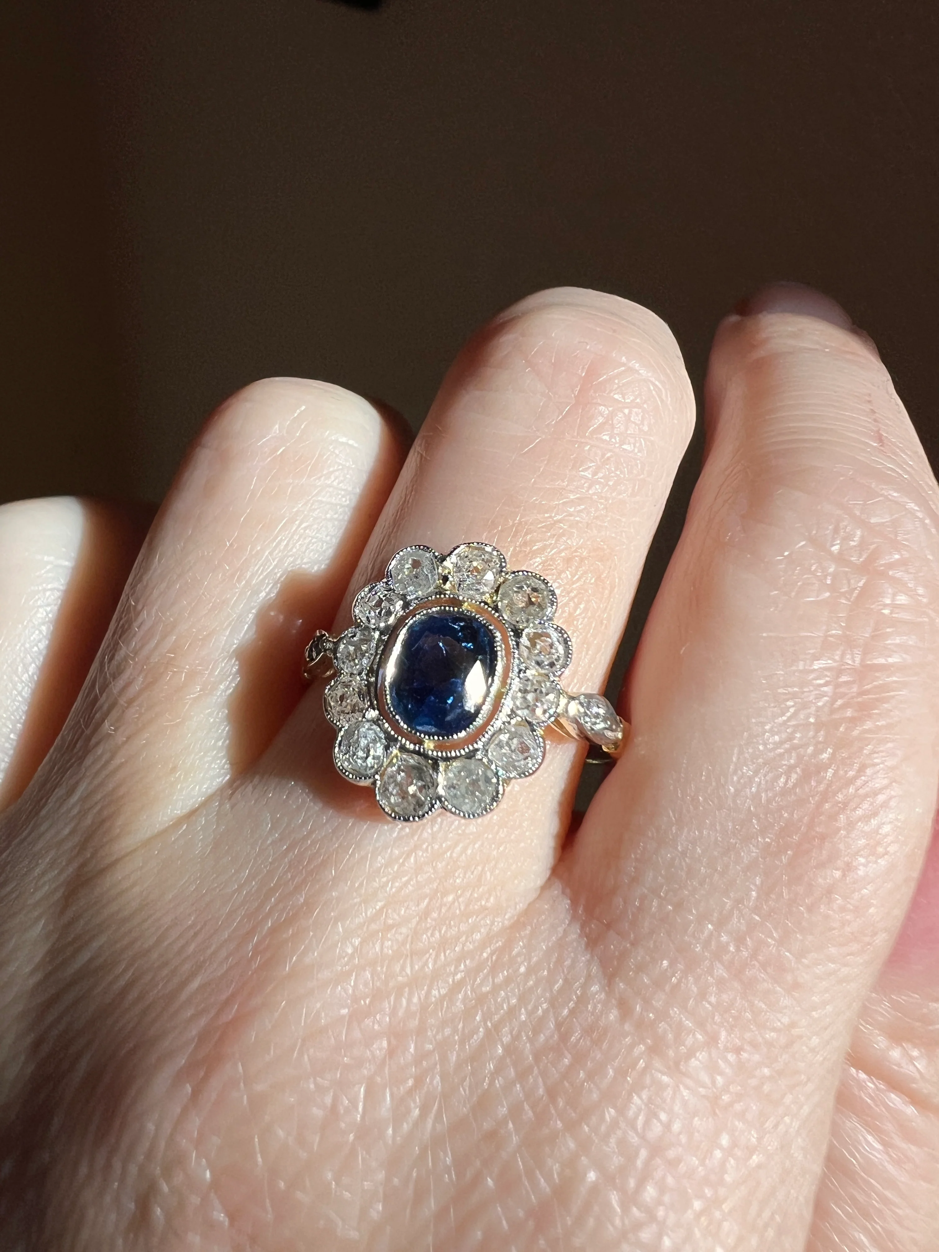 Natural SAPPHIRE French ANTIQUE 1 Carat Old Mine Cut DIAMOND Halo Daisy Cluster Ring 18k Gold Blue Oval Belle Epoque - Image 16