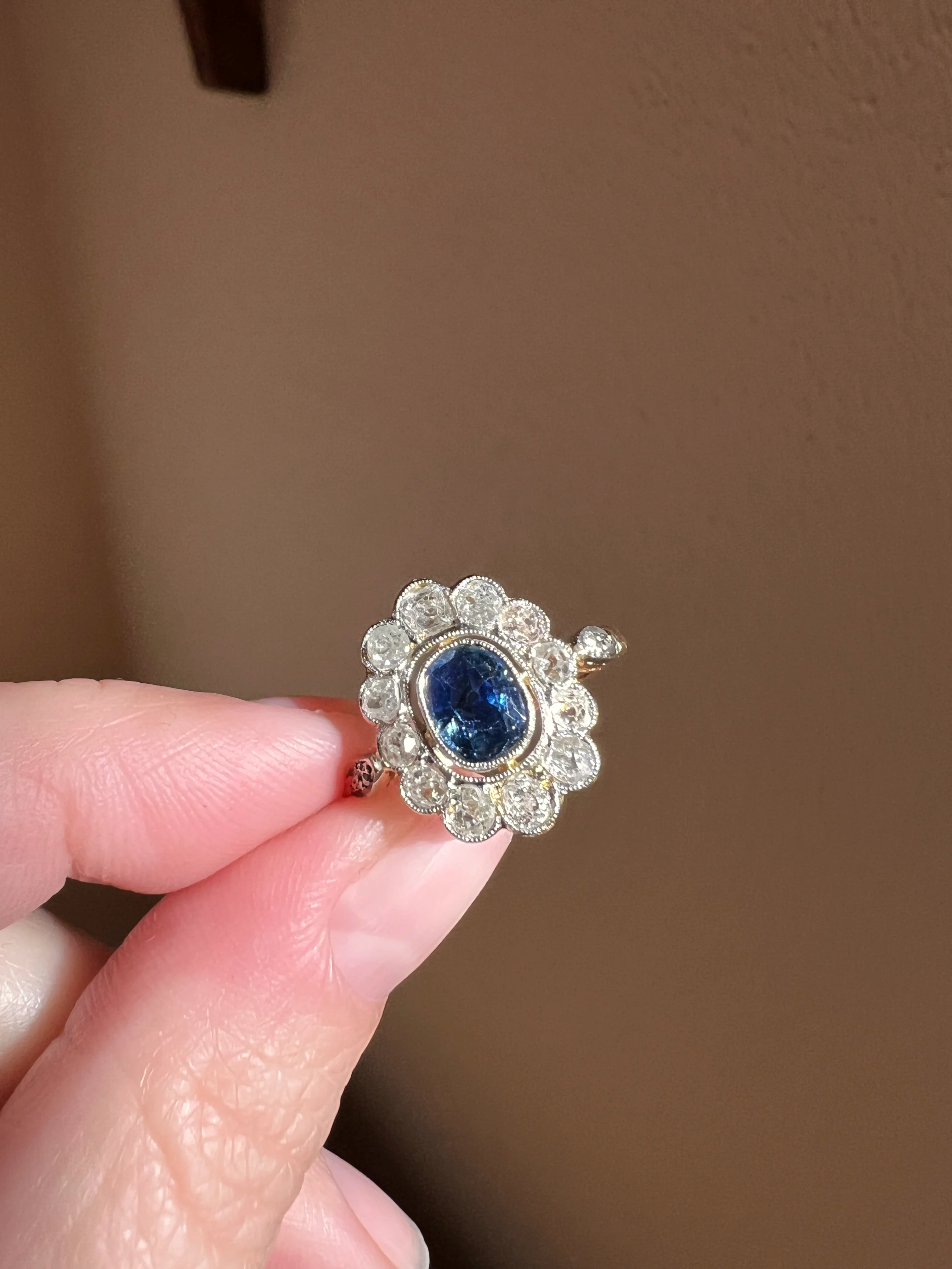 Natural SAPPHIRE French ANTIQUE 1 Carat Old Mine Cut DIAMOND Halo Daisy Cluster Ring 18k Gold Blue Oval Belle Epoque - Image 17