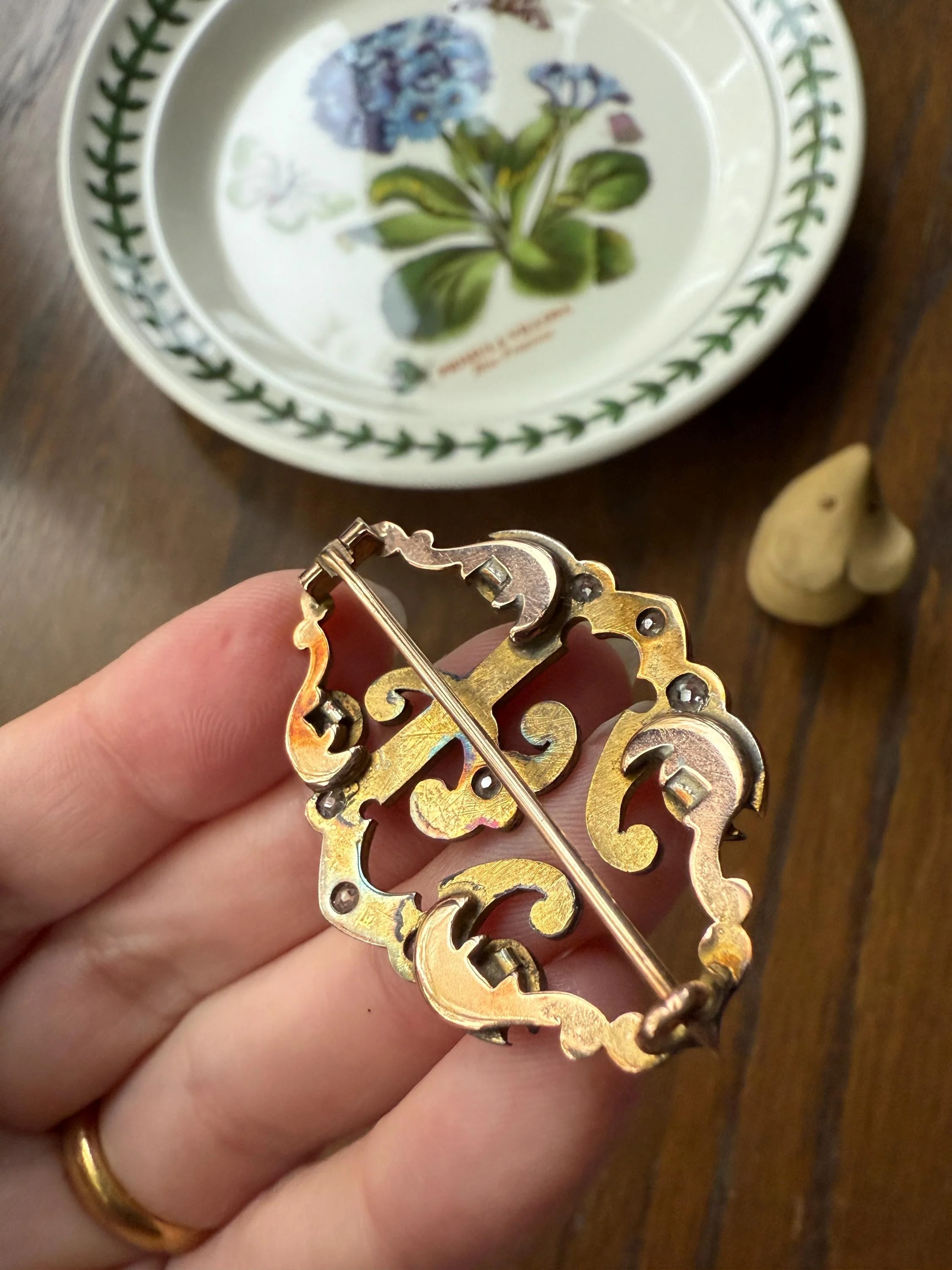 Oh to Be an " E " Amazing XL Antique Rose Old Mine cut DIAMOND Initial Brooch Pendant Bracelet Conversion Connector 14k & 10k Gold Ornate - Image 10