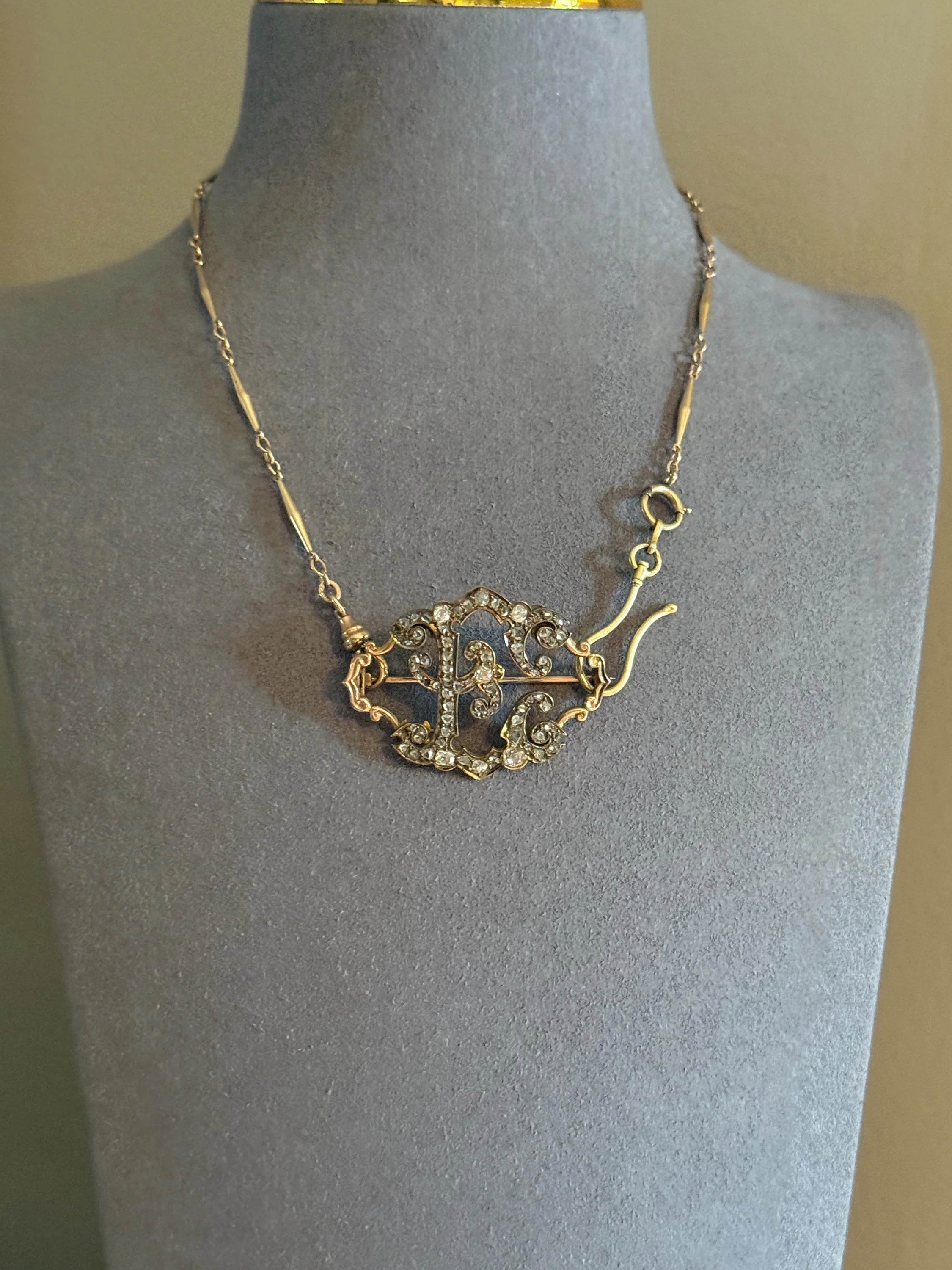 Oh to Be an " E " Amazing XL Antique Rose Old Mine cut DIAMOND Initial Brooch Pendant Bracelet Conversion Connector 14k & 10k Gold Ornate - Image 11