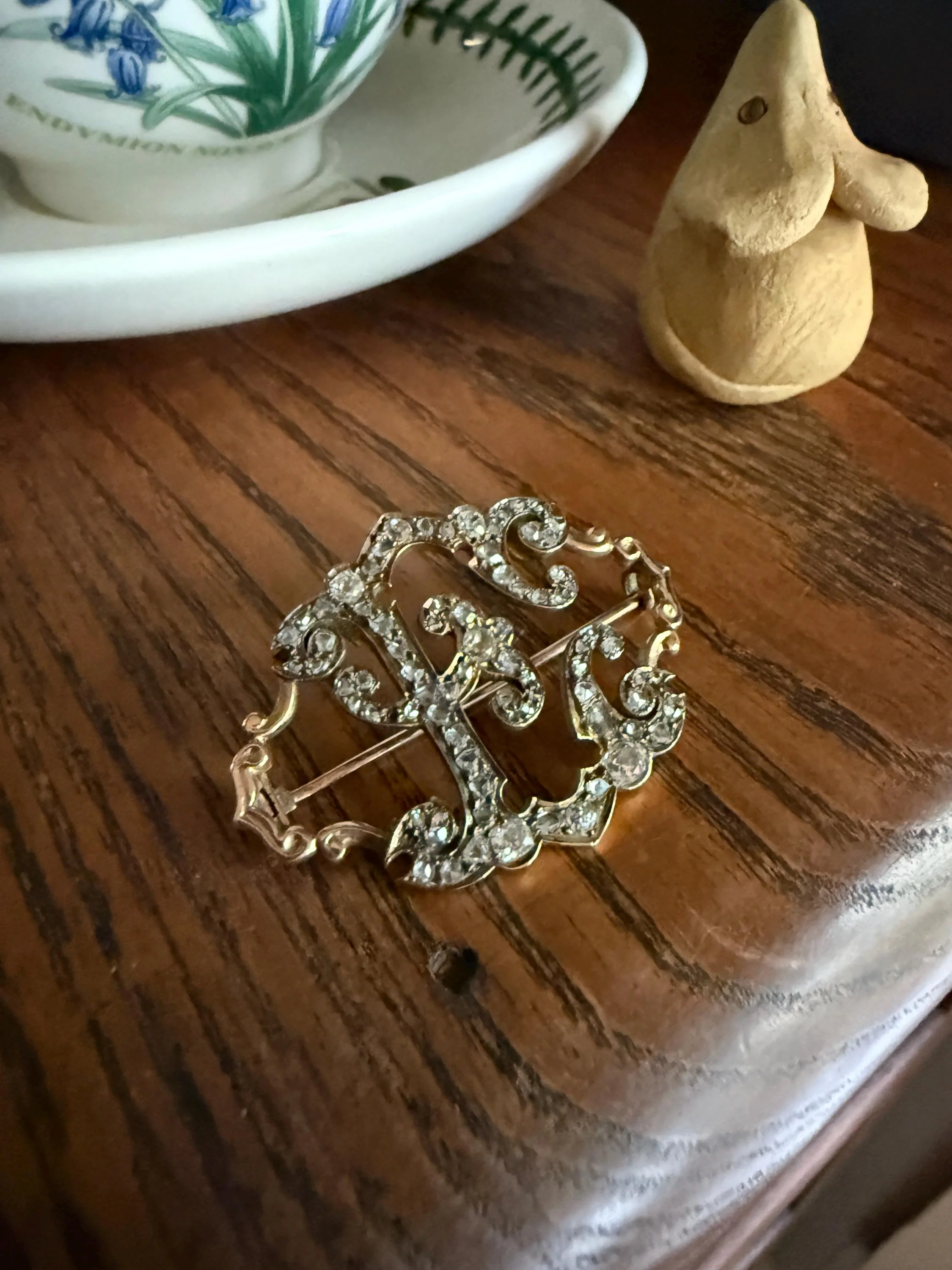 Oh to Be an " E " Amazing XL Antique Rose Old Mine cut DIAMOND Initial Brooch Pendant Bracelet Conversion Connector 14k & 10k Gold Ornate - Image 12