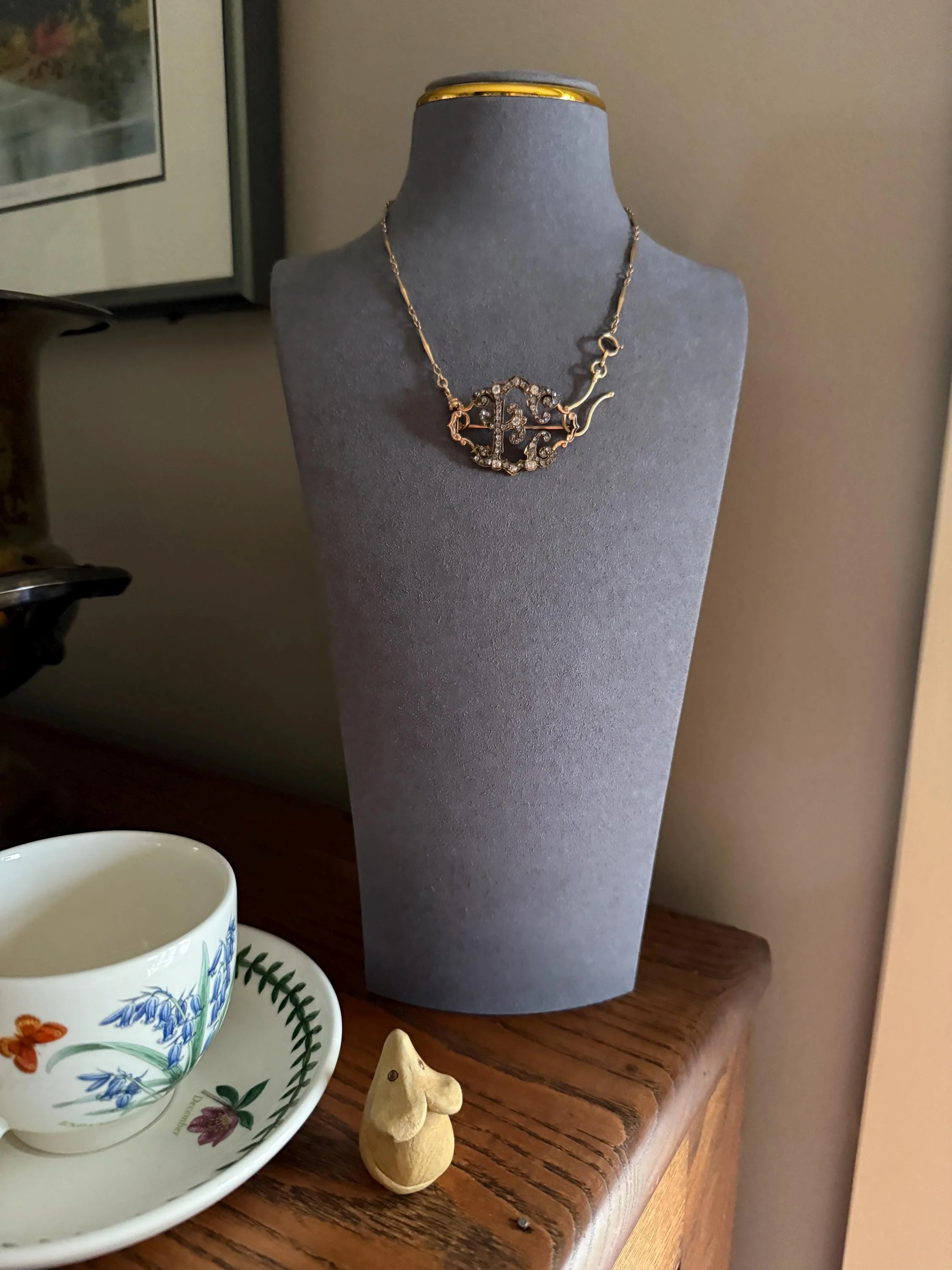 Oh to Be an " E " Amazing XL Antique Rose Old Mine cut DIAMOND Initial Brooch Pendant Bracelet Conversion Connector 14k & 10k Gold Ornate - Image 3