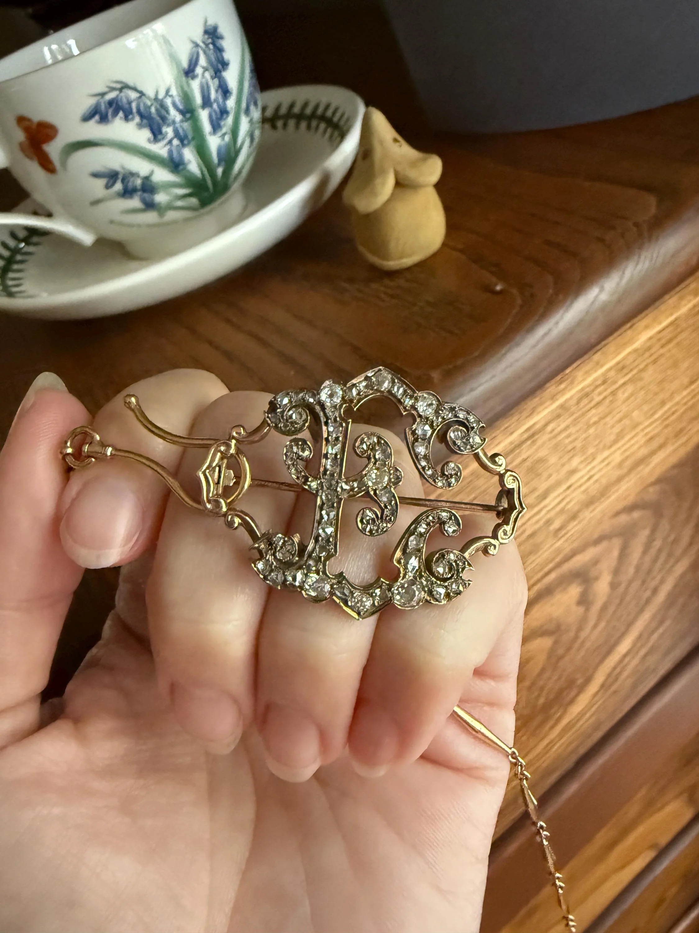 Oh to Be an " E " Amazing XL Antique Rose Old Mine cut DIAMOND Initial Brooch Pendant Bracelet Conversion Connector 14k & 10k Gold Ornate - Image 5
