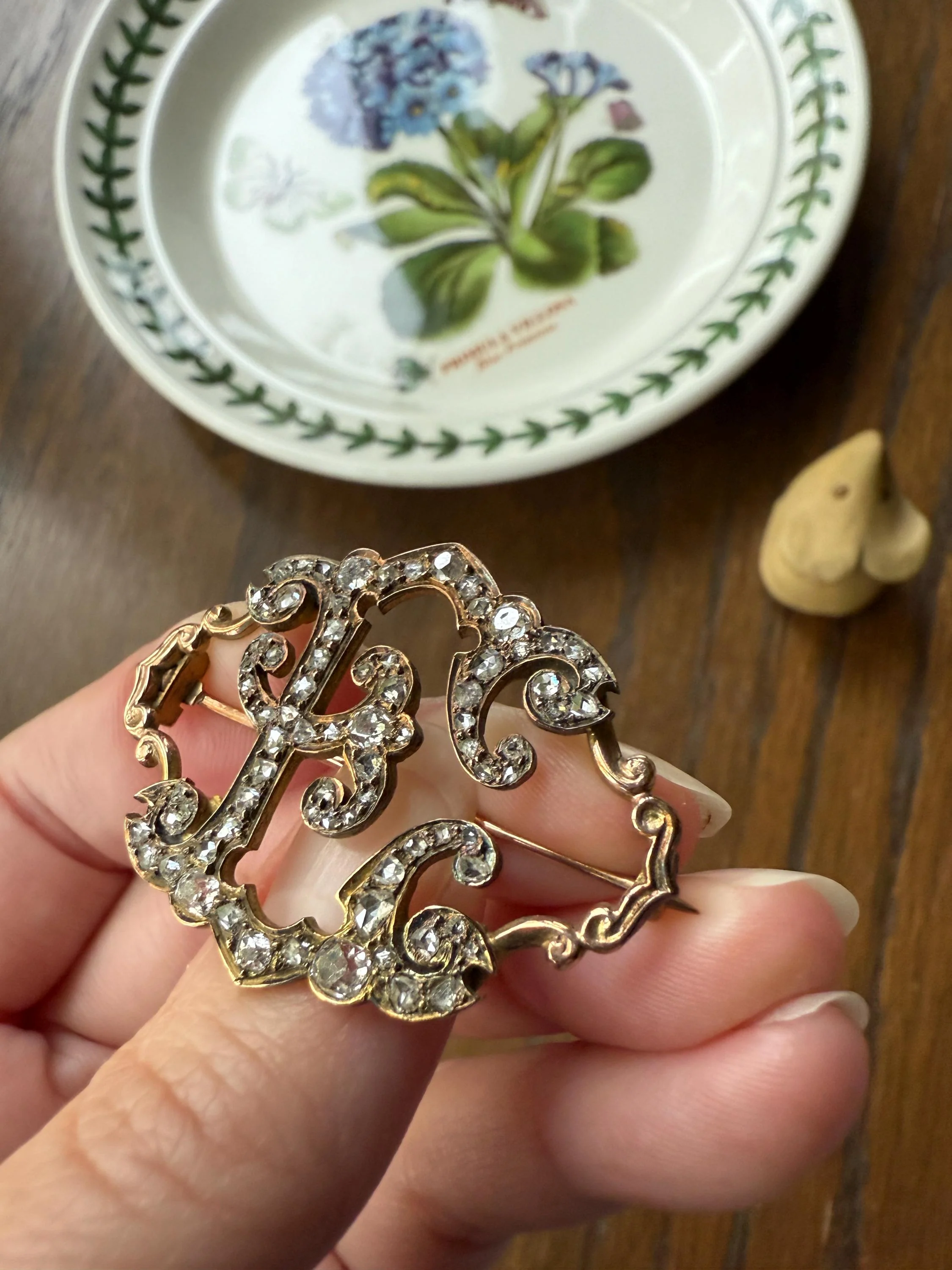 Oh to Be an " E " Amazing XL Antique Rose Old Mine cut DIAMOND Initial Brooch Pendant Bracelet Conversion Connector 14k & 10k Gold Ornate - Image 6