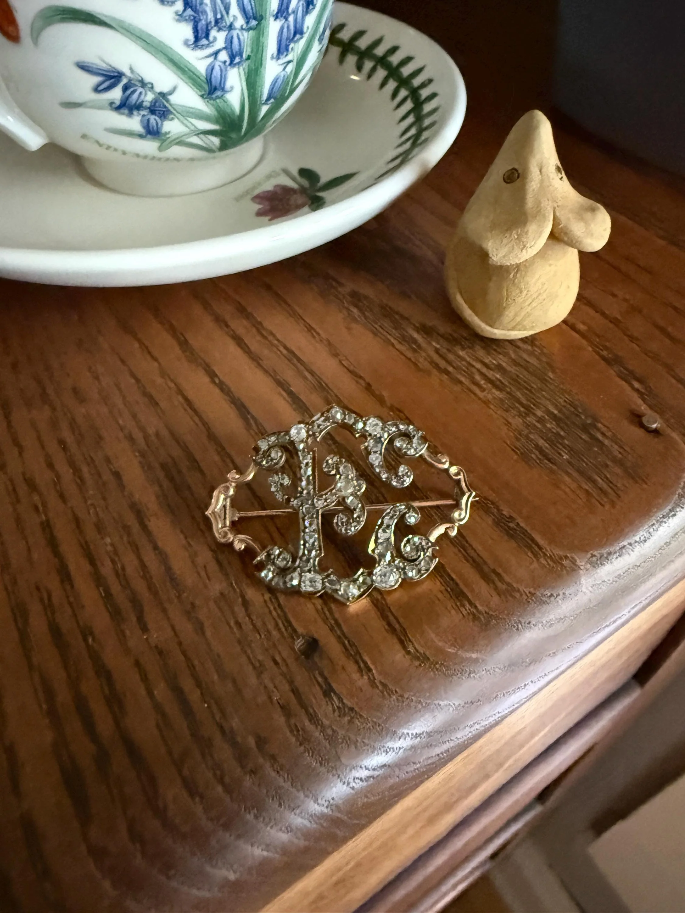 Oh to Be an " E " Amazing XL Antique Rose Old Mine cut DIAMOND Initial Brooch Pendant Bracelet Conversion Connector 14k & 10k Gold Ornate - Image 7