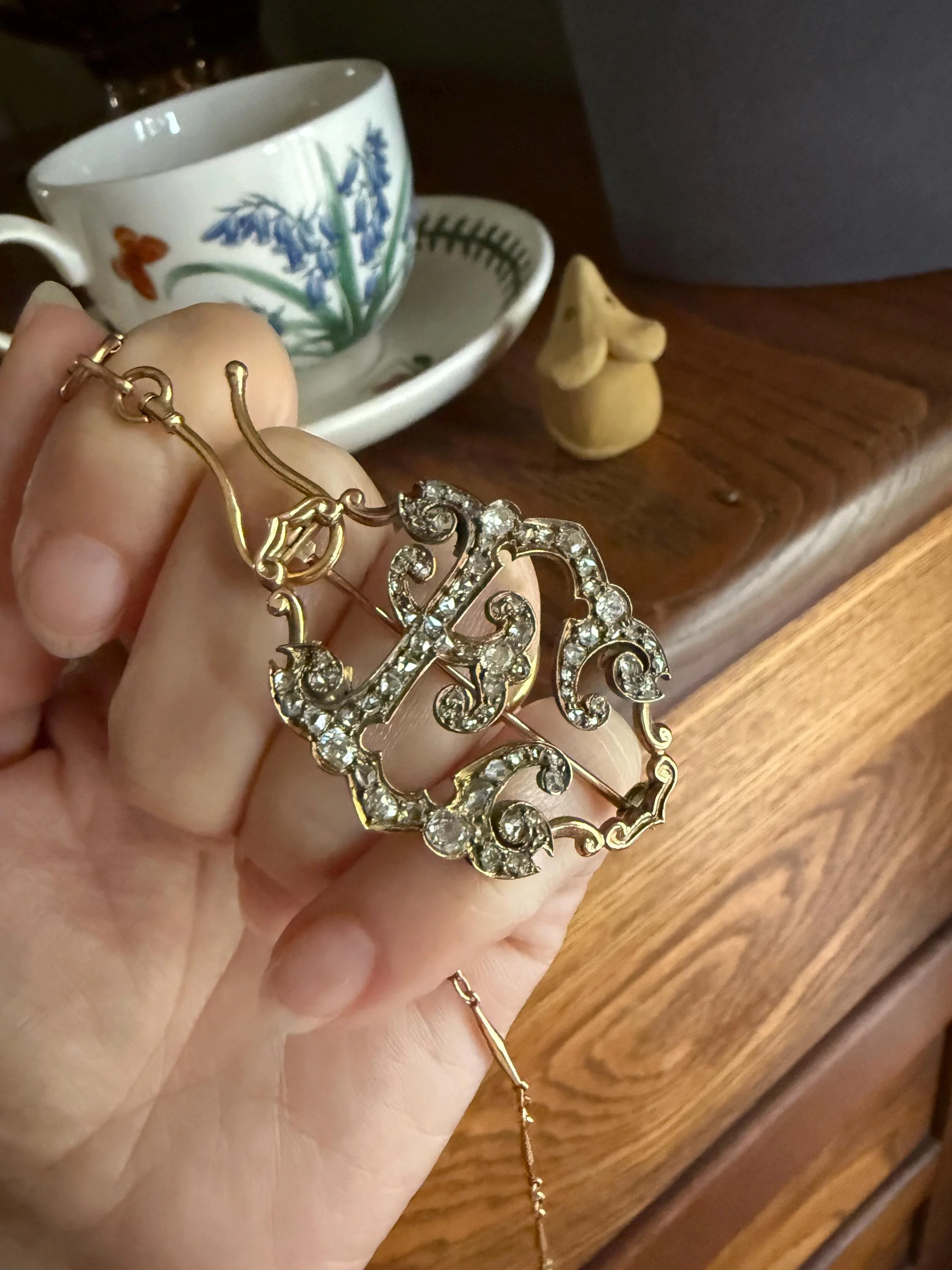 Oh to Be an " E " Amazing XL Antique Rose Old Mine cut DIAMOND Initial Brooch Pendant Bracelet Conversion Connector 14k & 10k Gold Ornate - Image 8