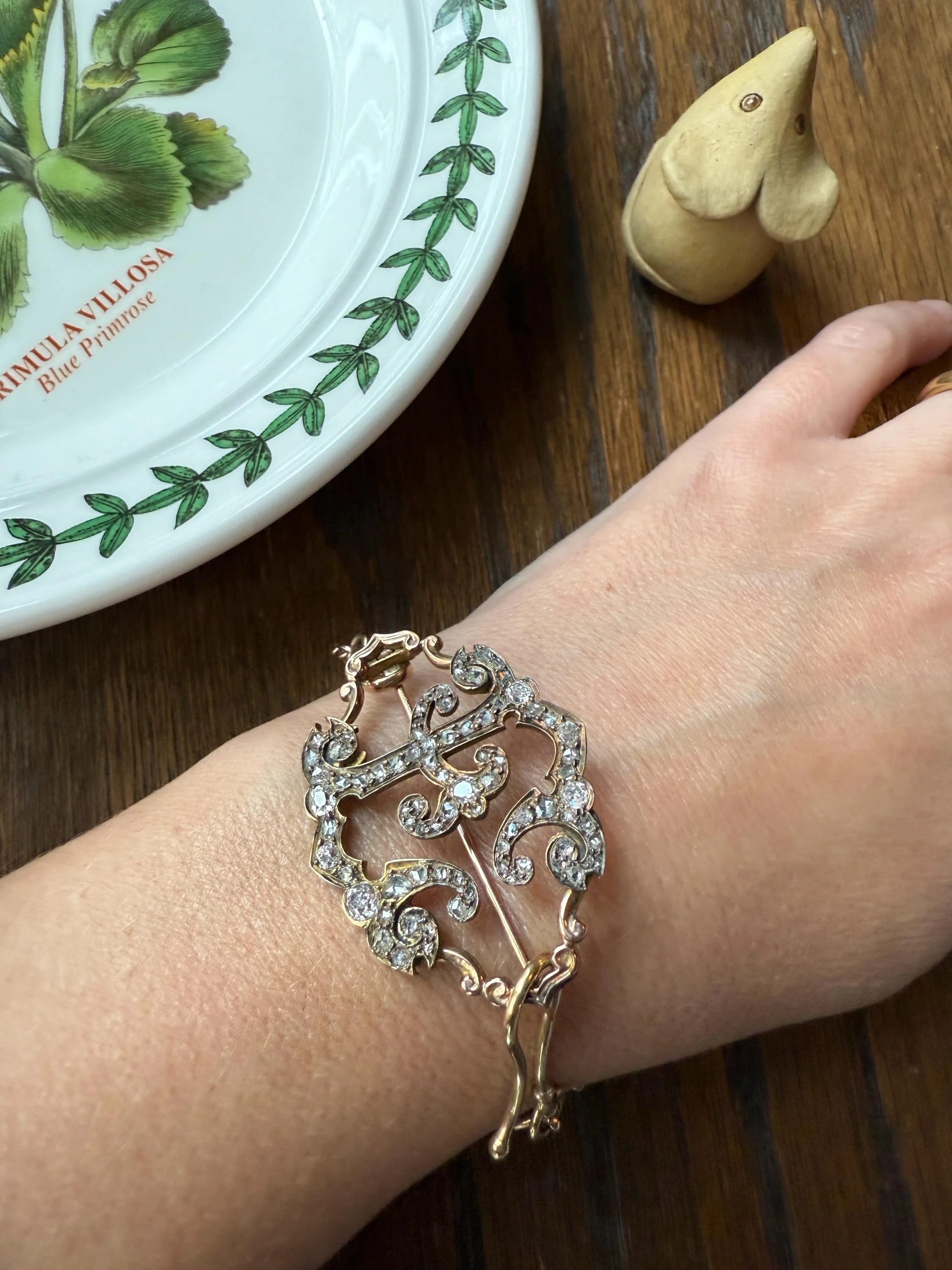 Oh to Be an " E " Amazing XL Antique Rose Old Mine cut DIAMOND Initial Brooch Pendant Bracelet Conversion Connector 14k & 10k Gold Ornate - Image 9