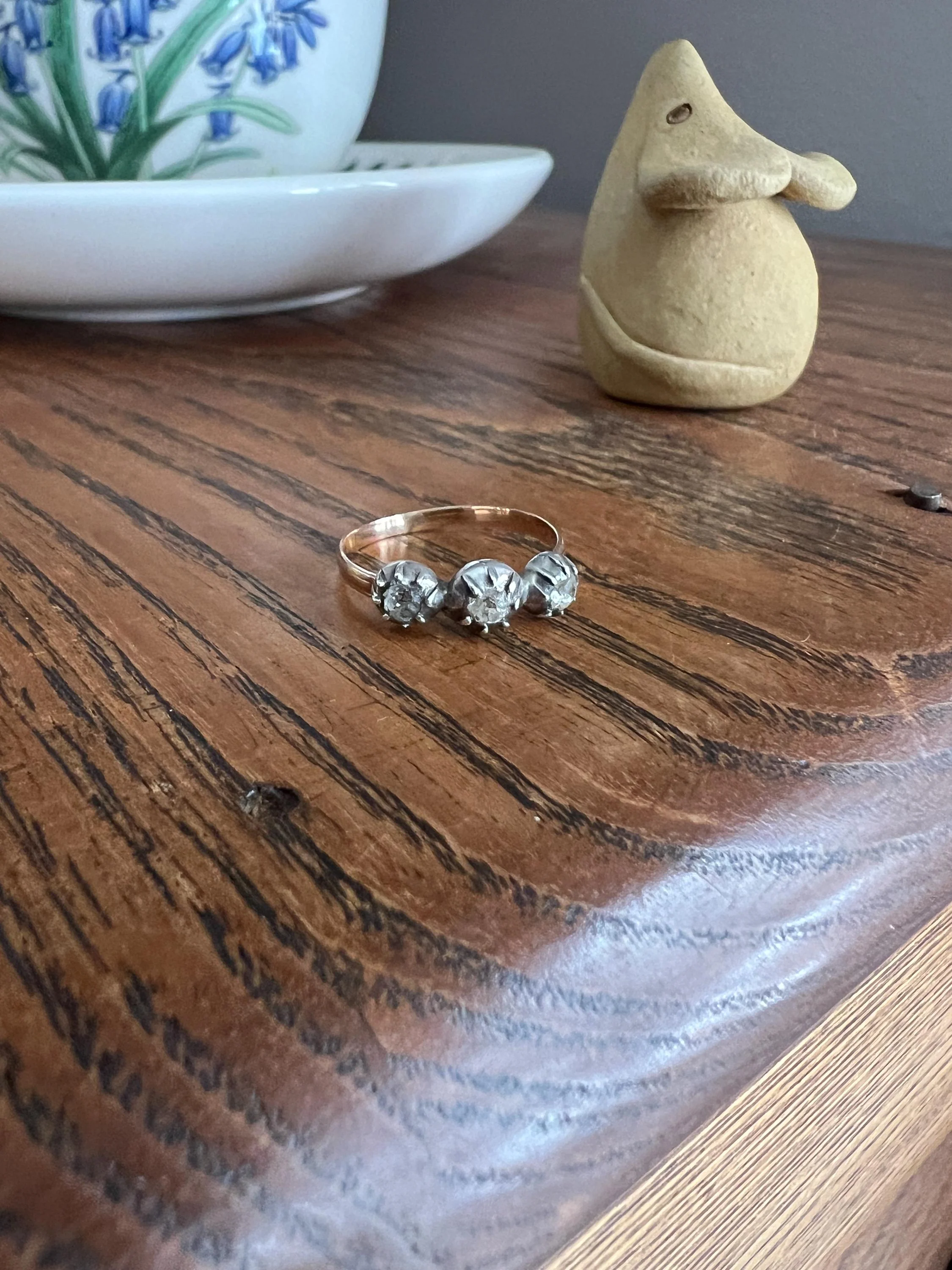 Old Cut PASTE Three Stone Ring Stackable Band French Georgian Victorian Antique 18k Gold Silver Collet - Image 3