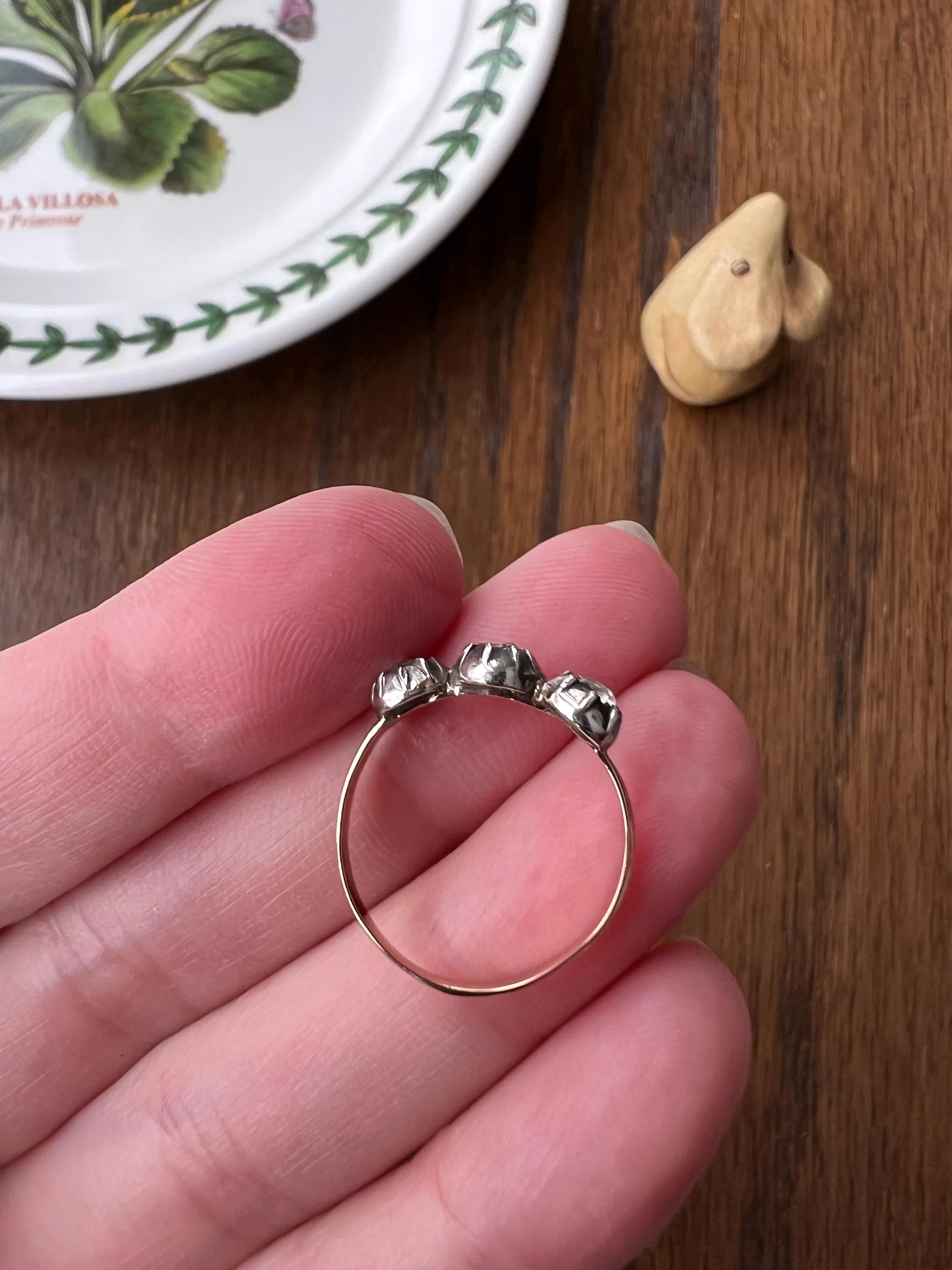 Old Cut PASTE Three Stone Ring Stackable Band French Georgian Victorian Antique 18k Gold Silver Collet - Image 4
