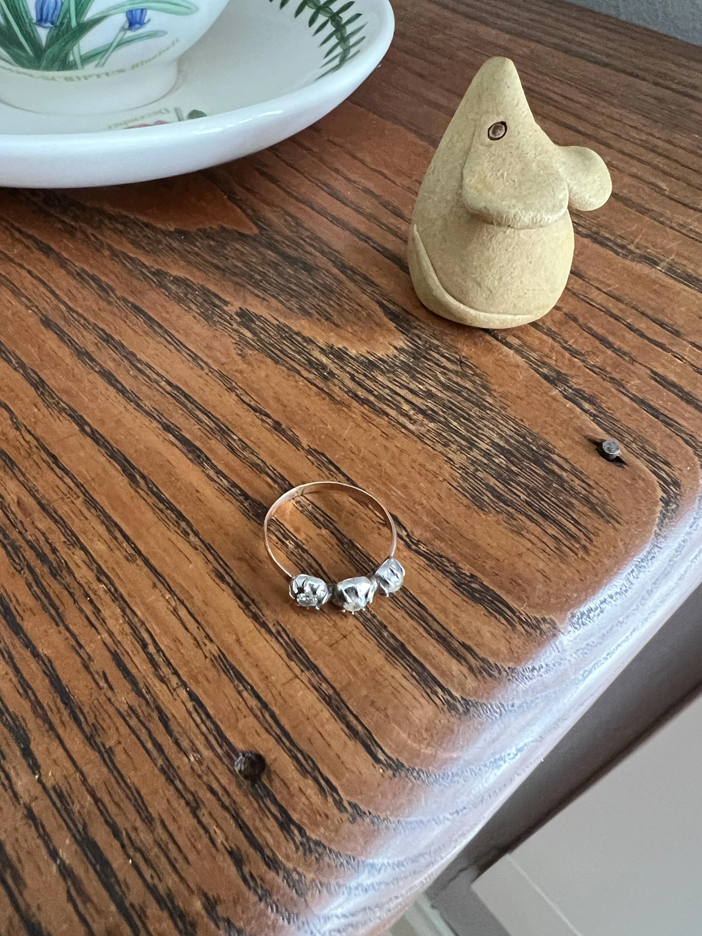 Old Cut PASTE Three Stone Ring Stackable Band French Georgian Victorian Antique 18k Gold Silver Collet - Image 6