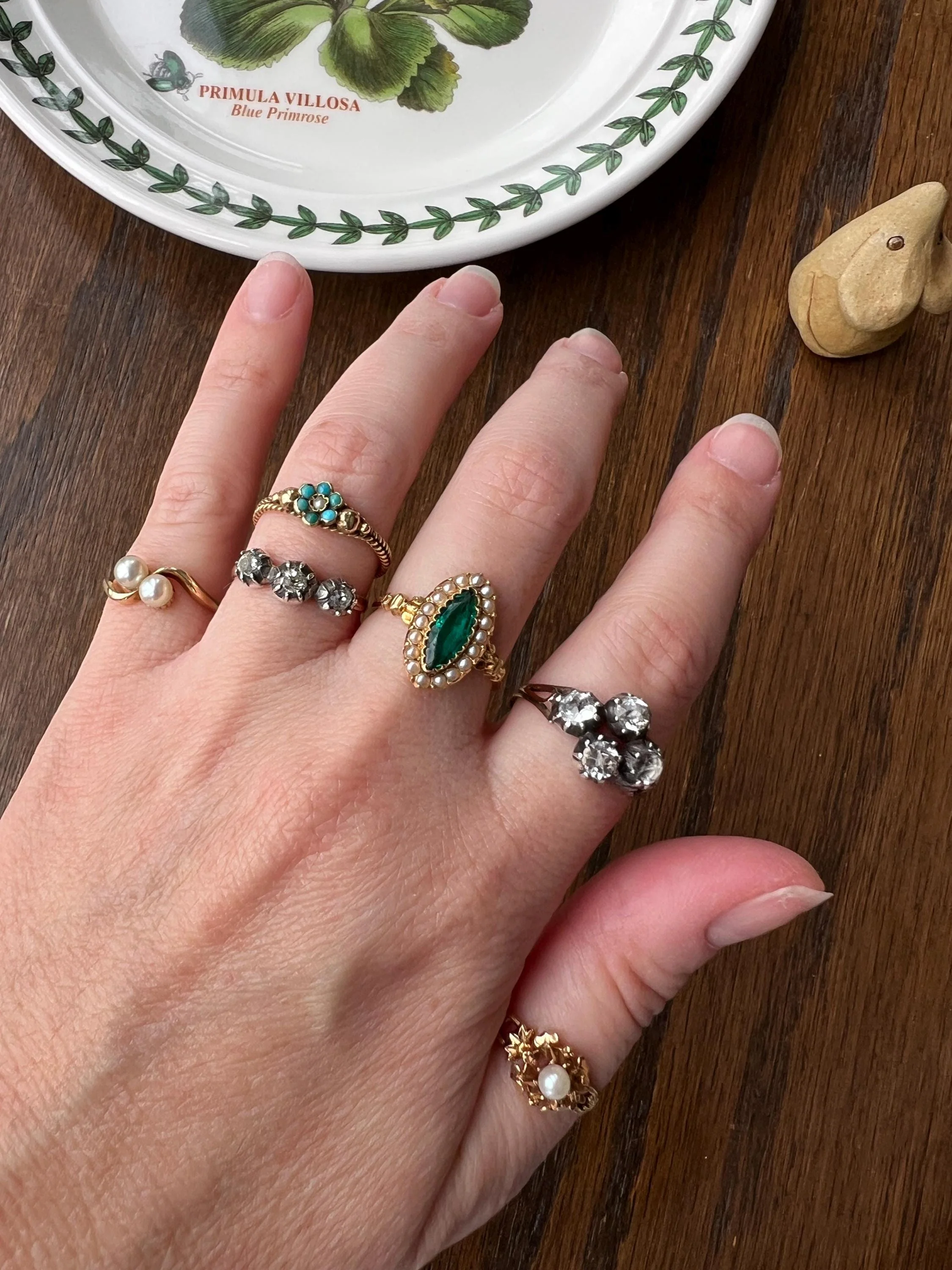 Old Cut PASTE Three Stone Ring Stackable Band French Georgian Victorian Antique 18k Gold Silver Collet - Image 7