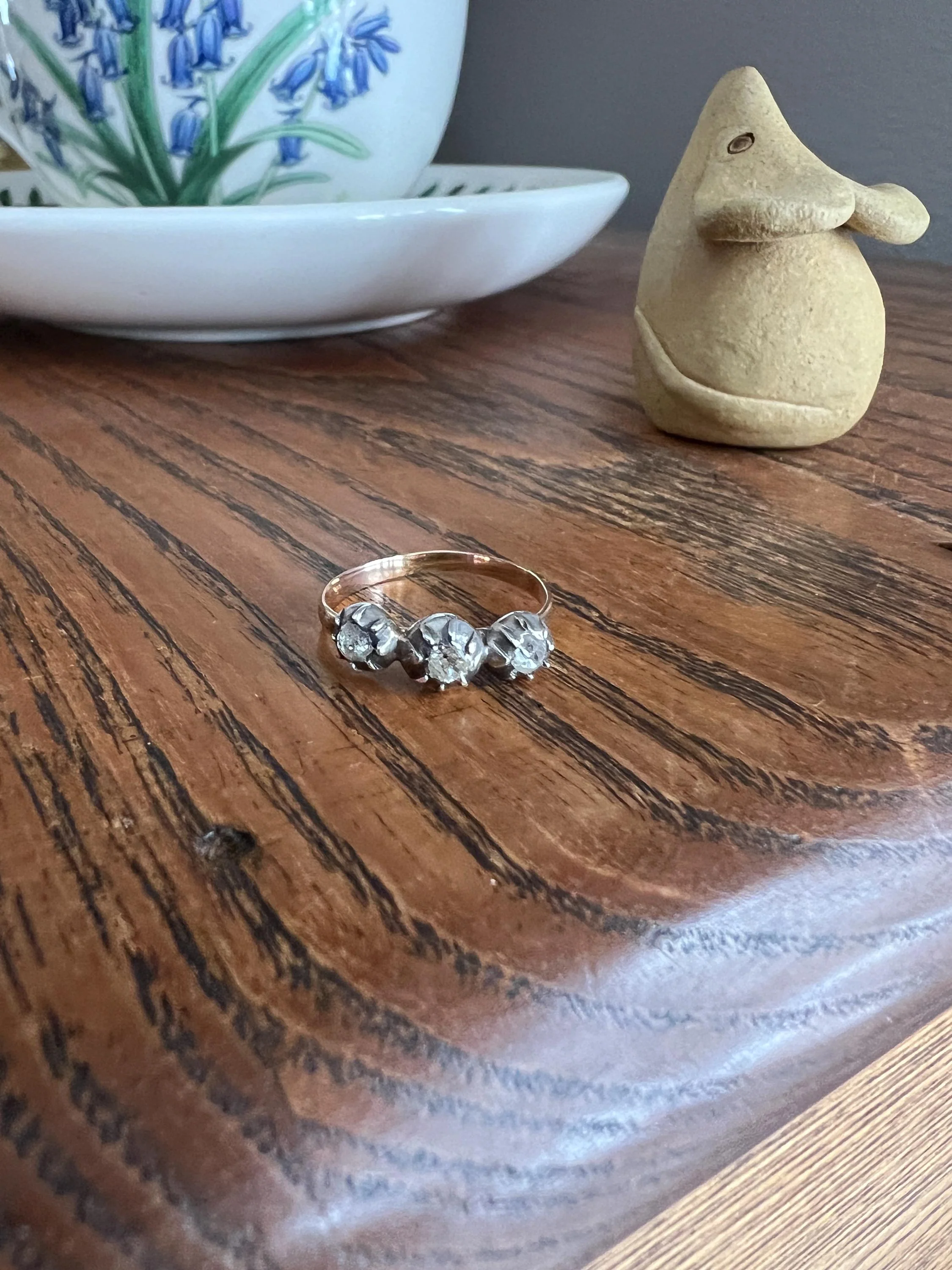 Old Cut PASTE Three Stone Ring Stackable Band French Georgian Victorian Antique 18k Gold Silver Collet - Image 8